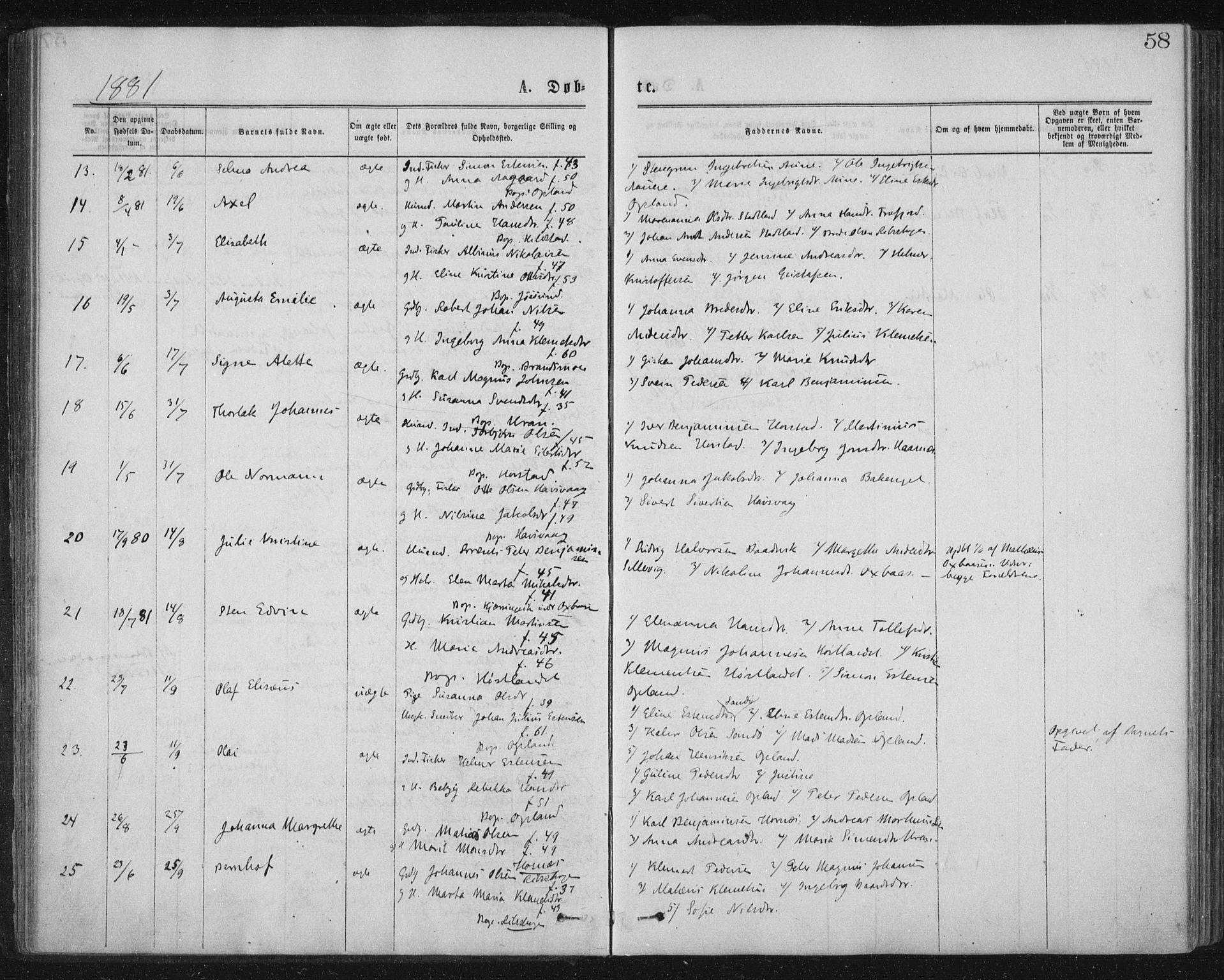 Ministerialprotokoller, klokkerbøker og fødselsregistre - Nord-Trøndelag, AV/SAT-A-1458/771/L0596: Parish register (official) no. 771A03, 1870-1884, p. 58