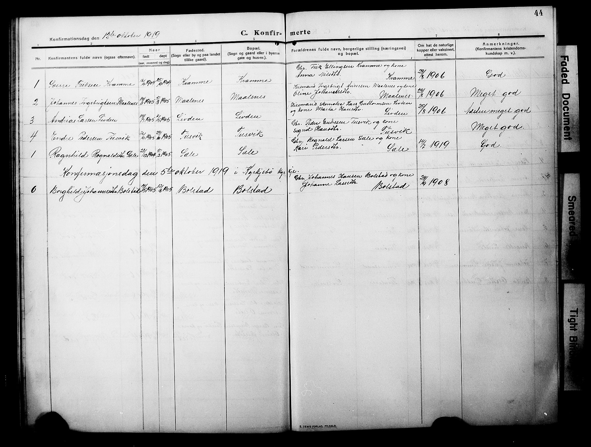 Balestrand sokneprestembete, AV/SAB-A-79601/H/Hab/Habc/L0004: Parish register (copy) no. C 4, 1909-1929, p. 44