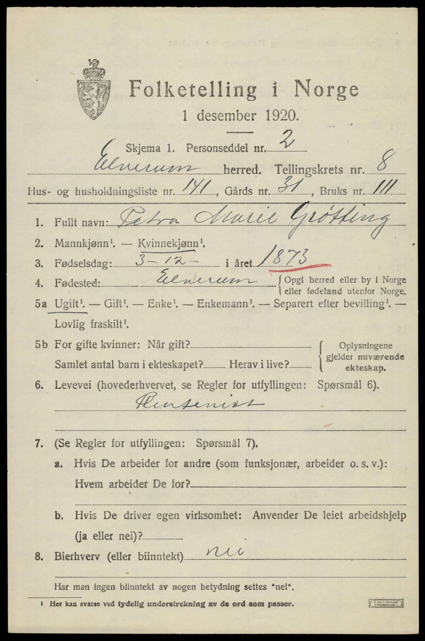 SAH, 1920 census for Elverum, 1920, p. 15554