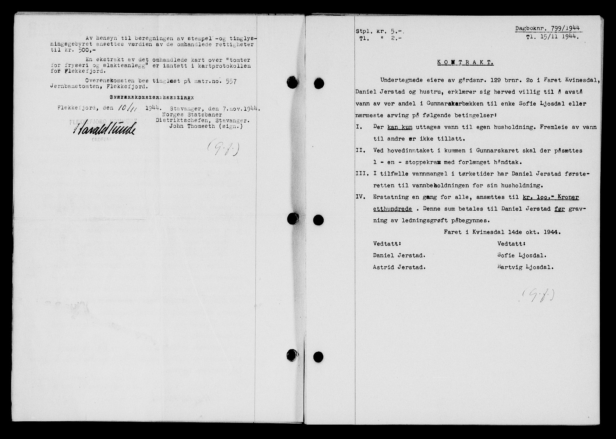 Flekkefjord sorenskriveri, SAK/1221-0001/G/Gb/Gba/L0059: Mortgage book no. A-7, 1944-1945, Diary no: : 799/1944