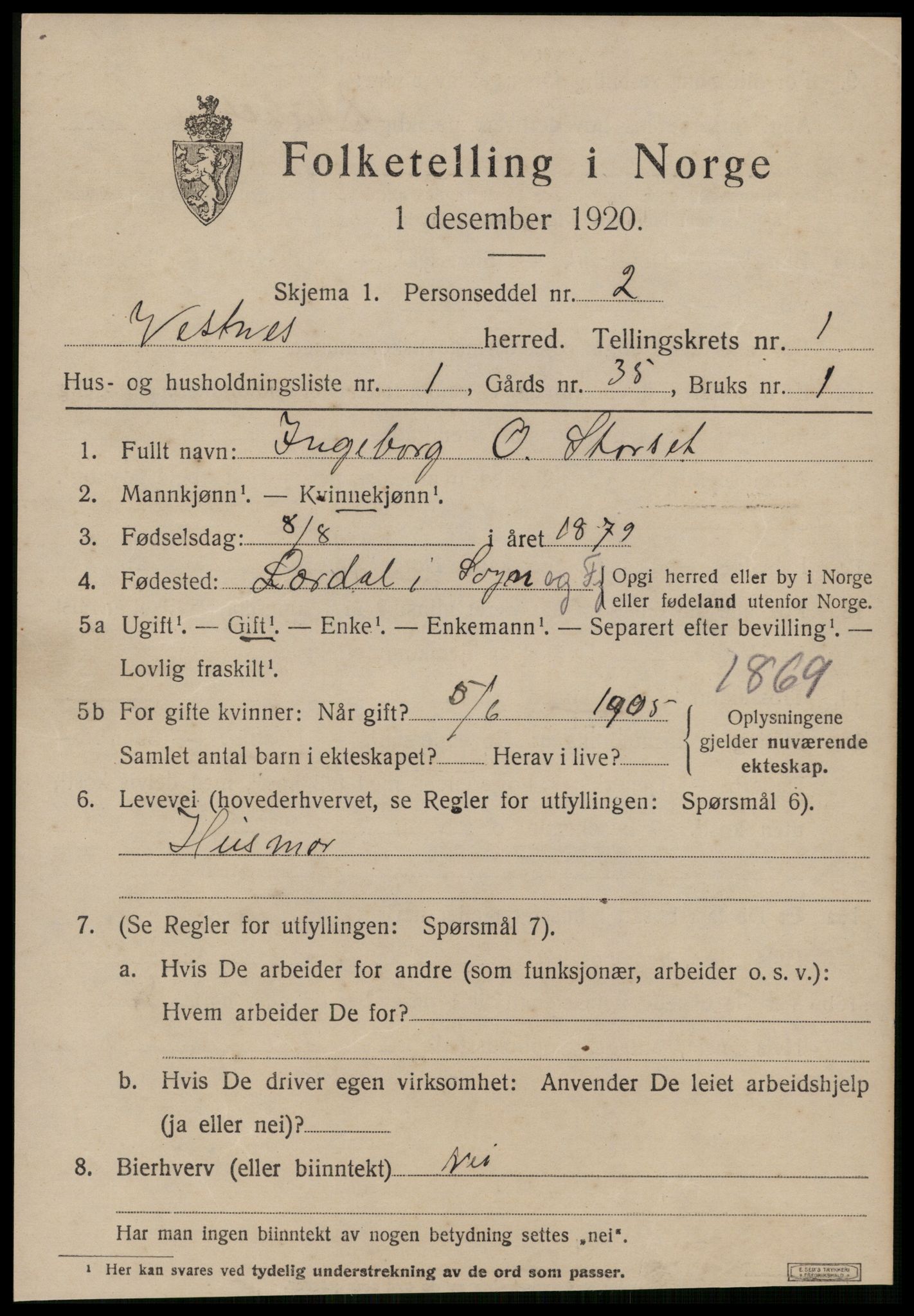 SAT, 1920 census for Vestnes, 1920, p. 1137