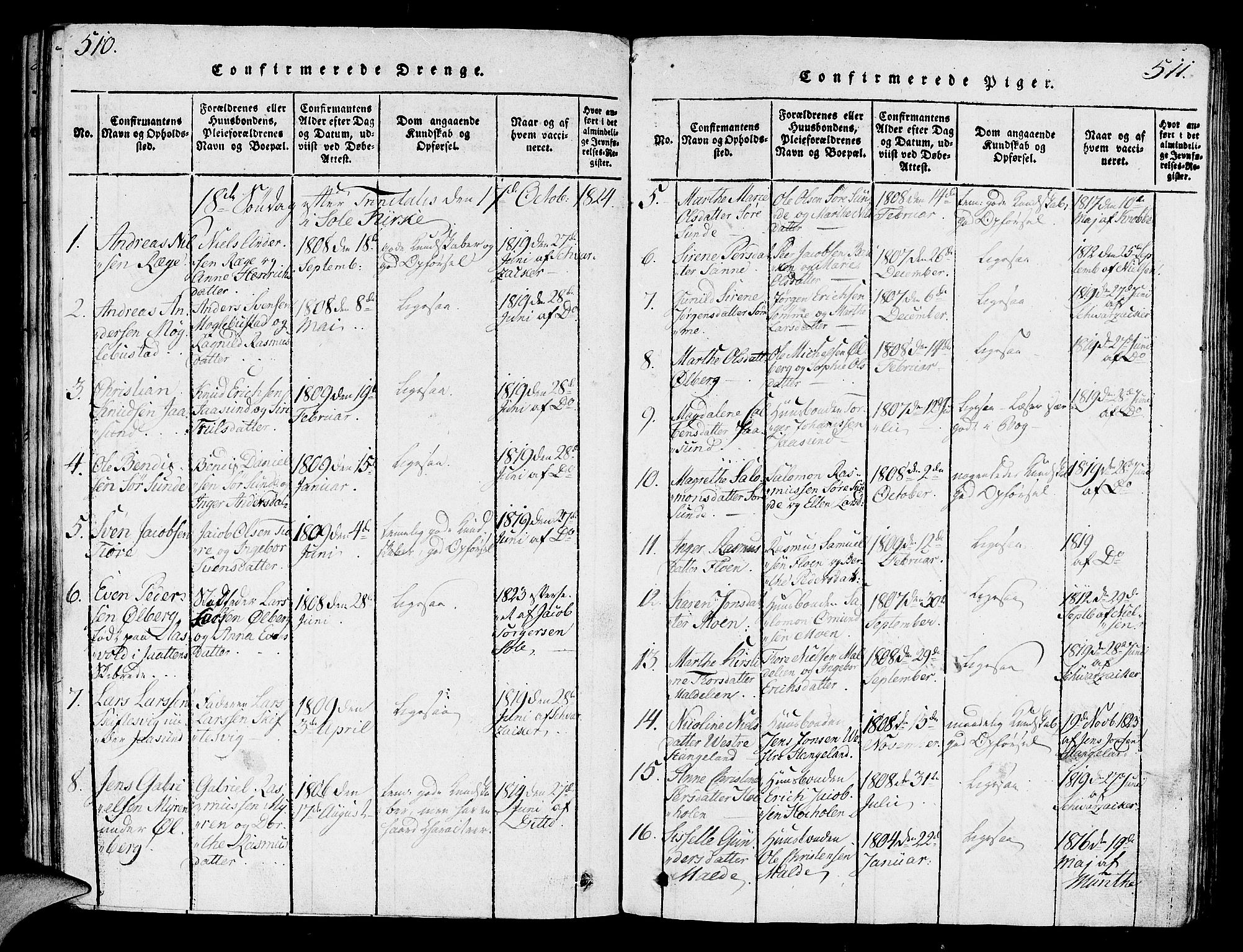 Håland sokneprestkontor, AV/SAST-A-101802/001/30BA/L0004: Parish register (official) no. A 4, 1815-1829, p. 510-511