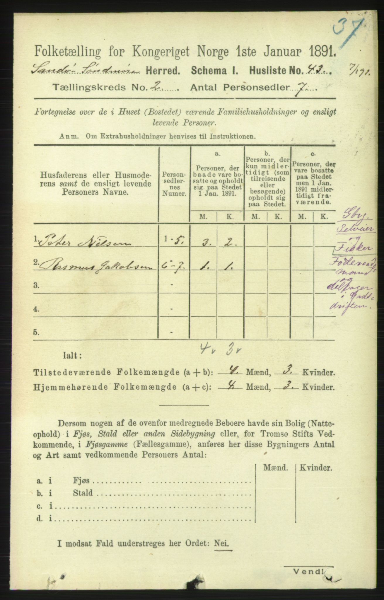 RA, 1891 census for 1514 Sande, 1891, p. 182