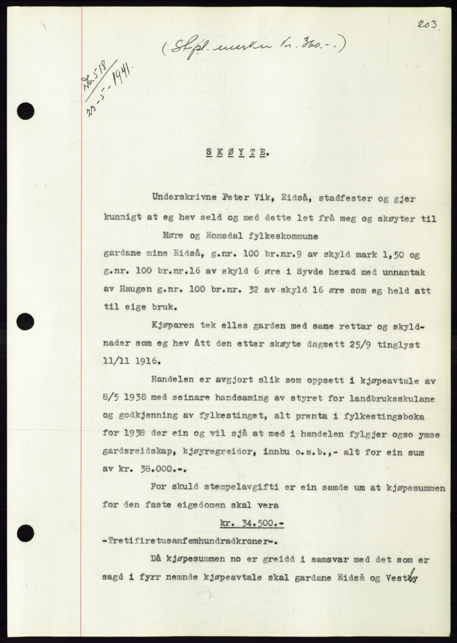 Søre Sunnmøre sorenskriveri, AV/SAT-A-4122/1/2/2C/L0071: Mortgage book no. 65, 1941-1941, Diary no: : 518/1941