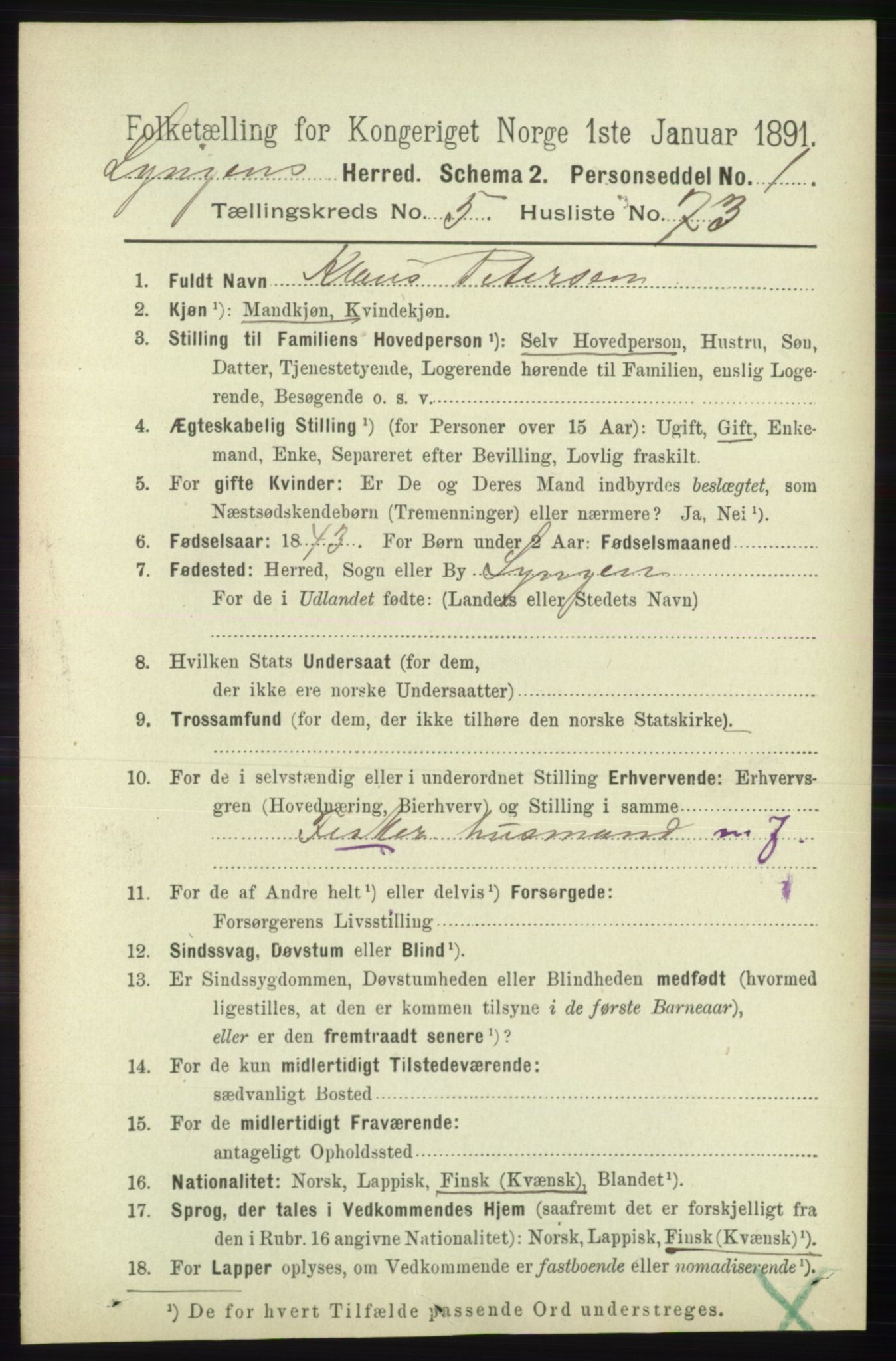 RA, 1891 census for 1938 Lyngen, 1891, p. 4891