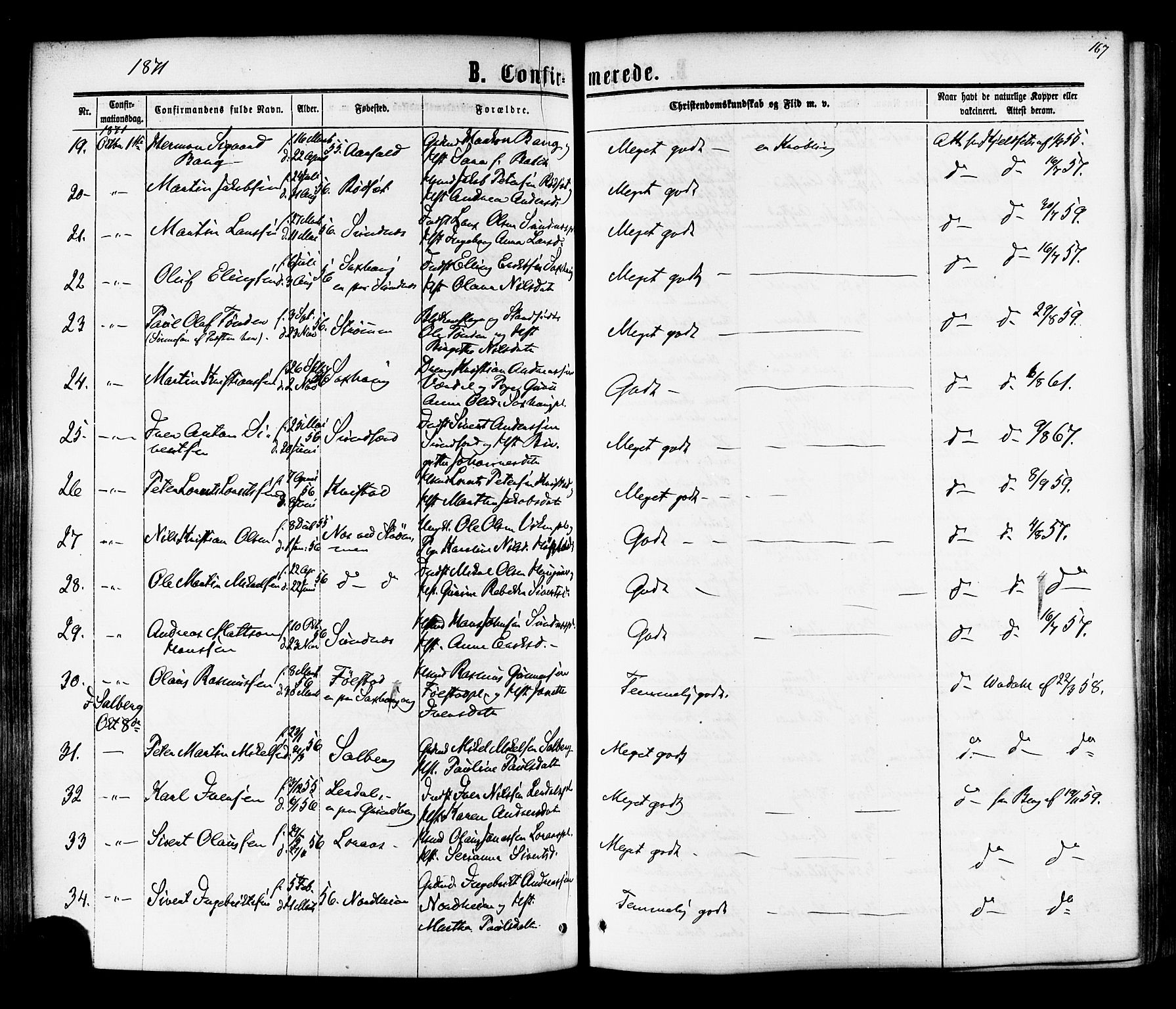 Ministerialprotokoller, klokkerbøker og fødselsregistre - Nord-Trøndelag, SAT/A-1458/730/L0284: Parish register (official) no. 730A09, 1866-1878, p. 167