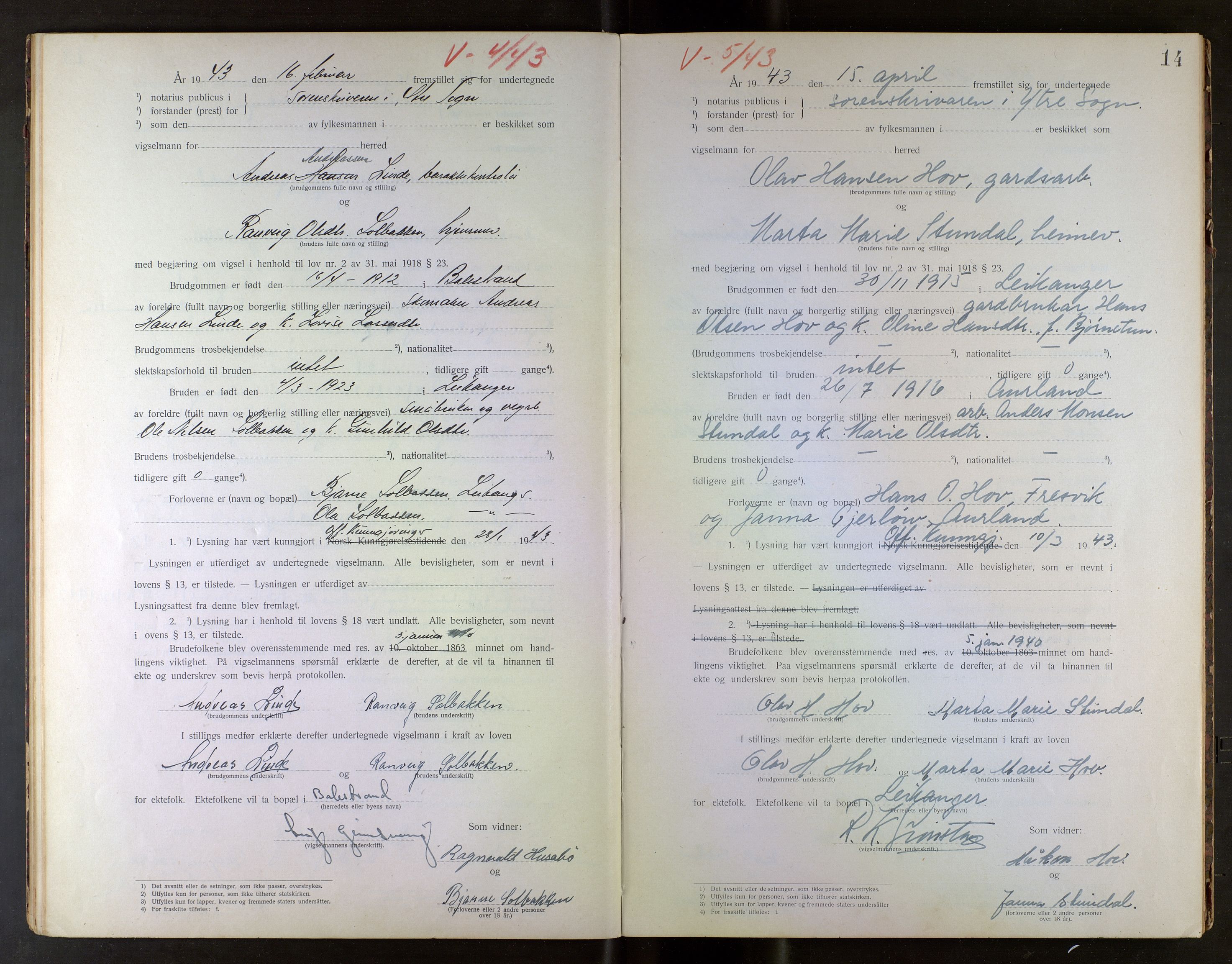 Ytre Sogn tingrett, AV/SAB-A-2601/1/M/Mc/L0001: Vigselsbok, 1920-1969, p. 14