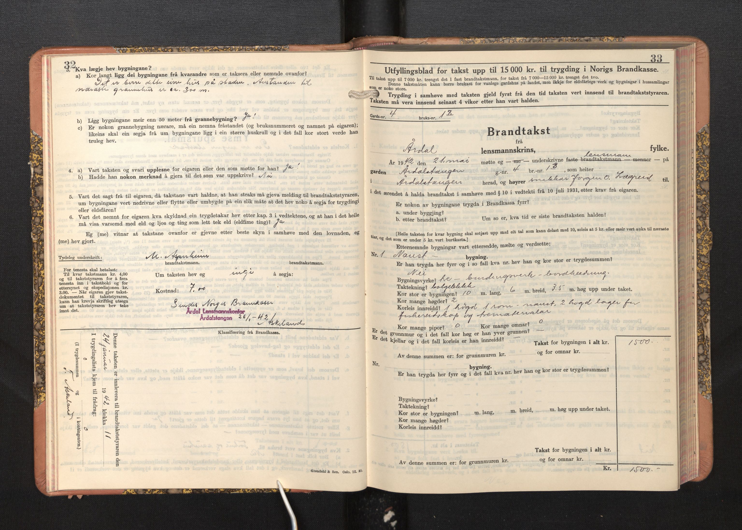 Lensmannen i Årdal, AV/SAB-A-30501/0012/L0011: Branntakstprotokoll, skjematakst, 1939-1948, p. 32-33