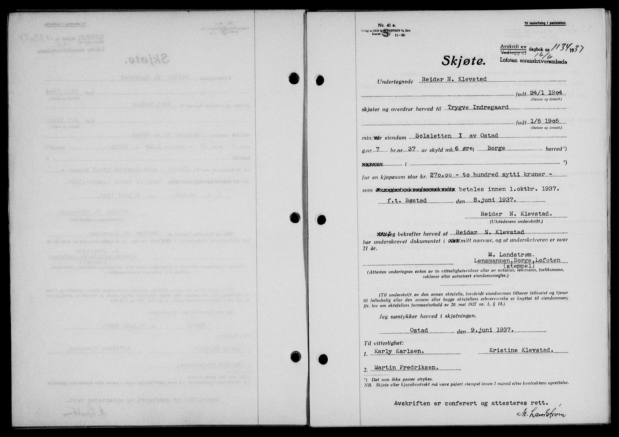 Lofoten sorenskriveri, SAT/A-0017/1/2/2C/L0002a: Mortgage book no. 2a, 1937-1937, Diary no: : 1134/1937