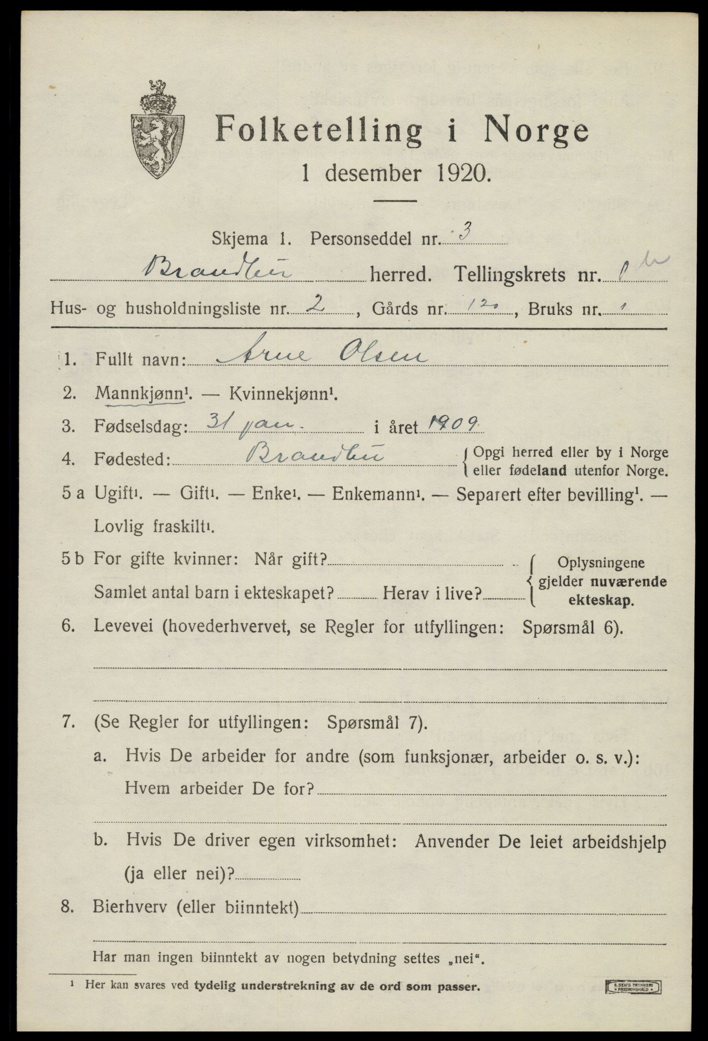 SAH, 1920 census for Brandbu, 1920, p. 3095