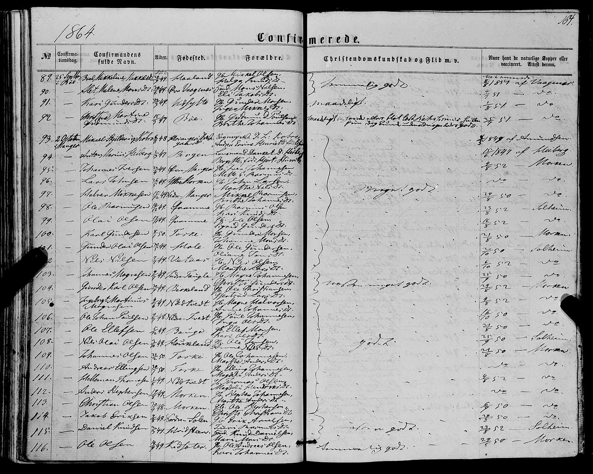 Manger sokneprestembete, AV/SAB-A-76801/H/Haa: Parish register (official) no. A 7, 1860-1870, p. 164