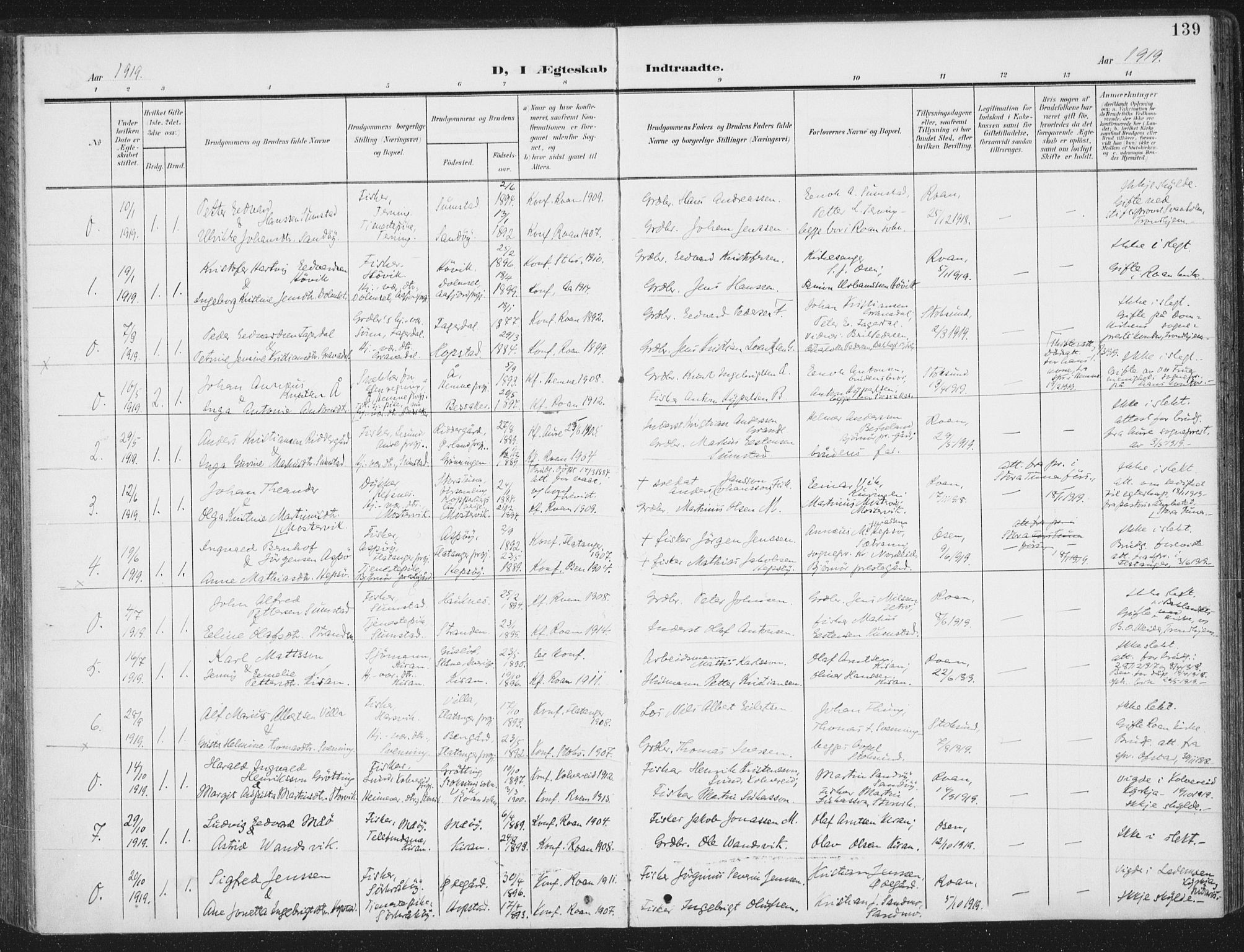 Ministerialprotokoller, klokkerbøker og fødselsregistre - Sør-Trøndelag, SAT/A-1456/657/L0709: Parish register (official) no. 657A10, 1905-1919, p. 139