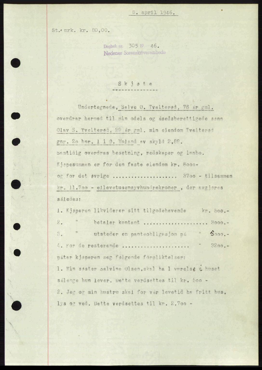 Nedenes sorenskriveri, SAK/1221-0006/G/Gb/Gba/L0054: Mortgage book no. A6c, 1946-1946, Diary no: : 305/1946