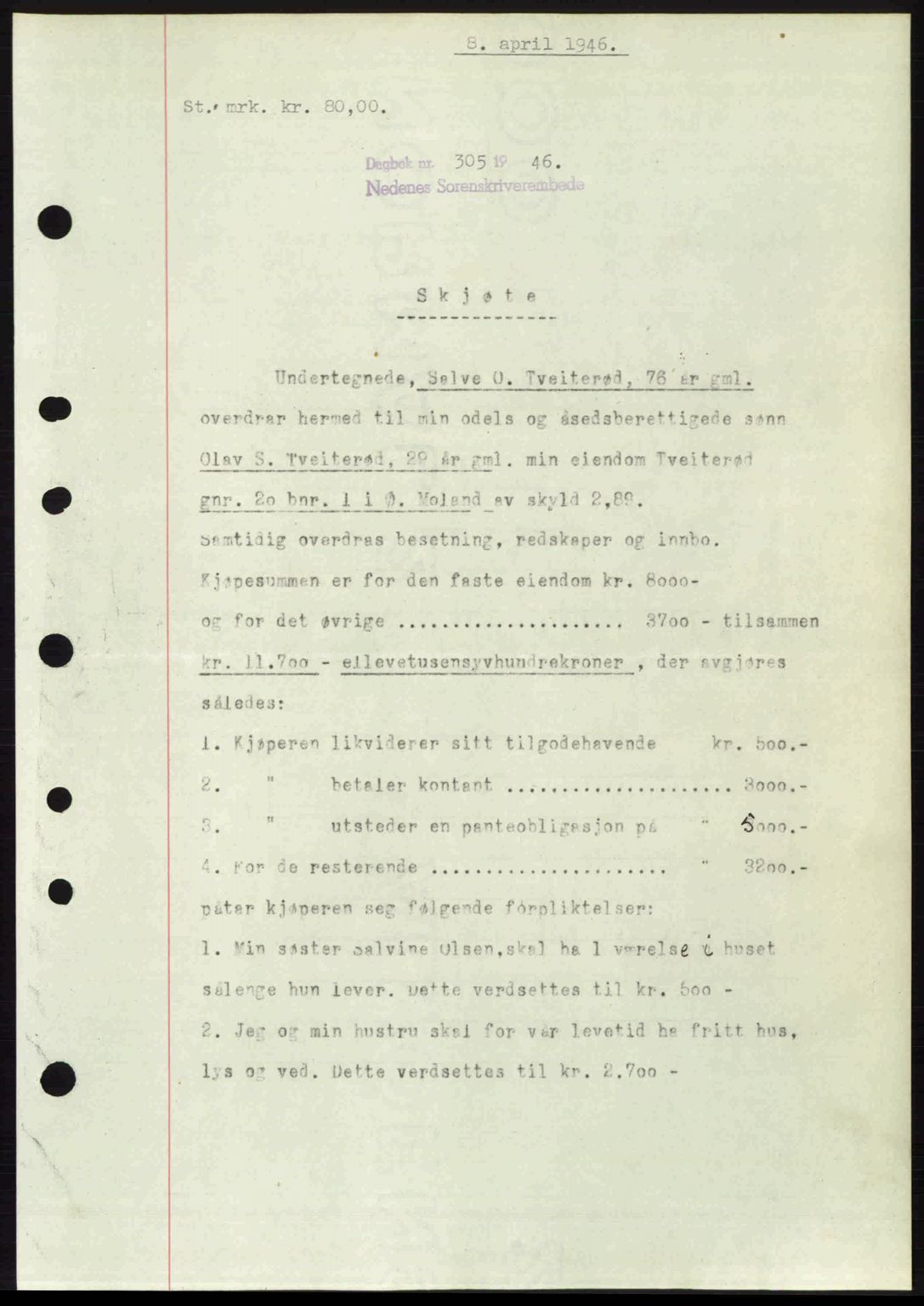 Nedenes sorenskriveri, AV/SAK-1221-0006/G/Gb/Gba/L0054: Mortgage book no. A6c, 1946-1946, Diary no: : 305/1946