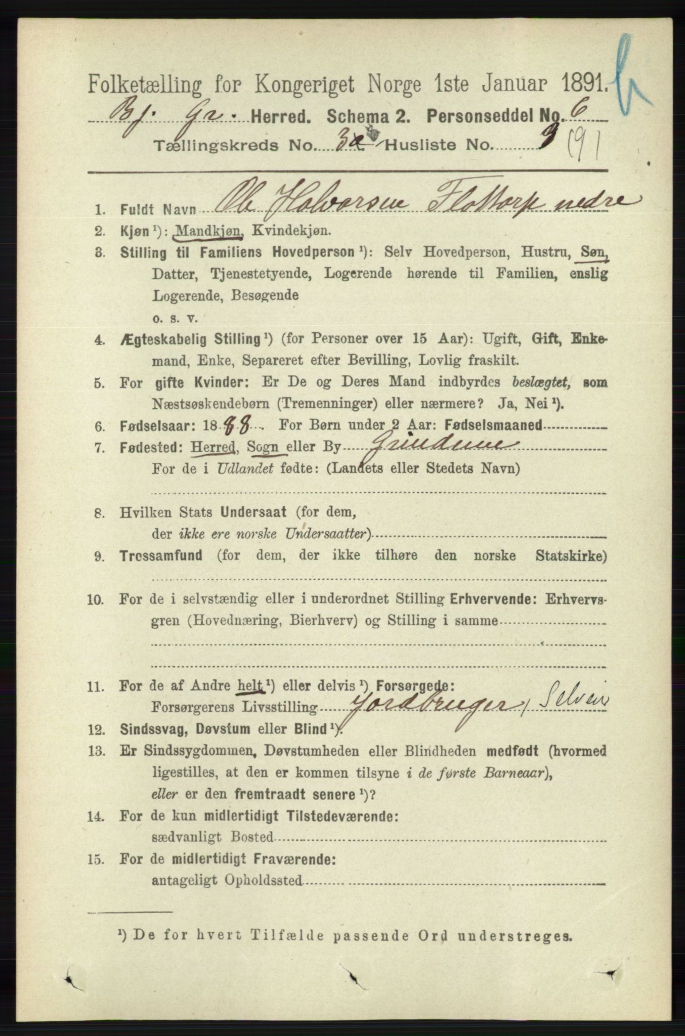 RA, 1891 census for 1024 Bjelland og Grindheim, 1891, p. 1843
