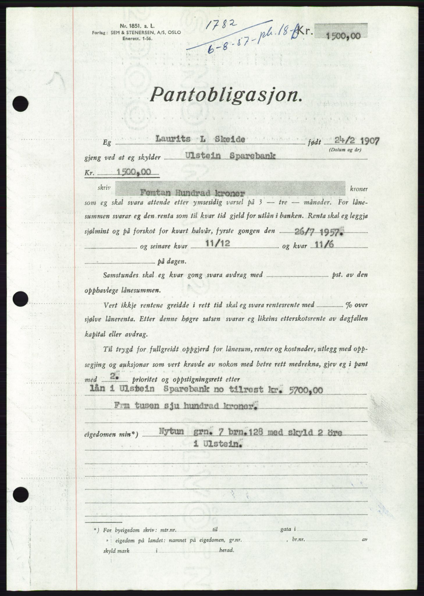 Søre Sunnmøre sorenskriveri, AV/SAT-A-4122/1/2/2C/L0130: Mortgage book no. 18B, 1957-1958, Diary no: : 1782/1957