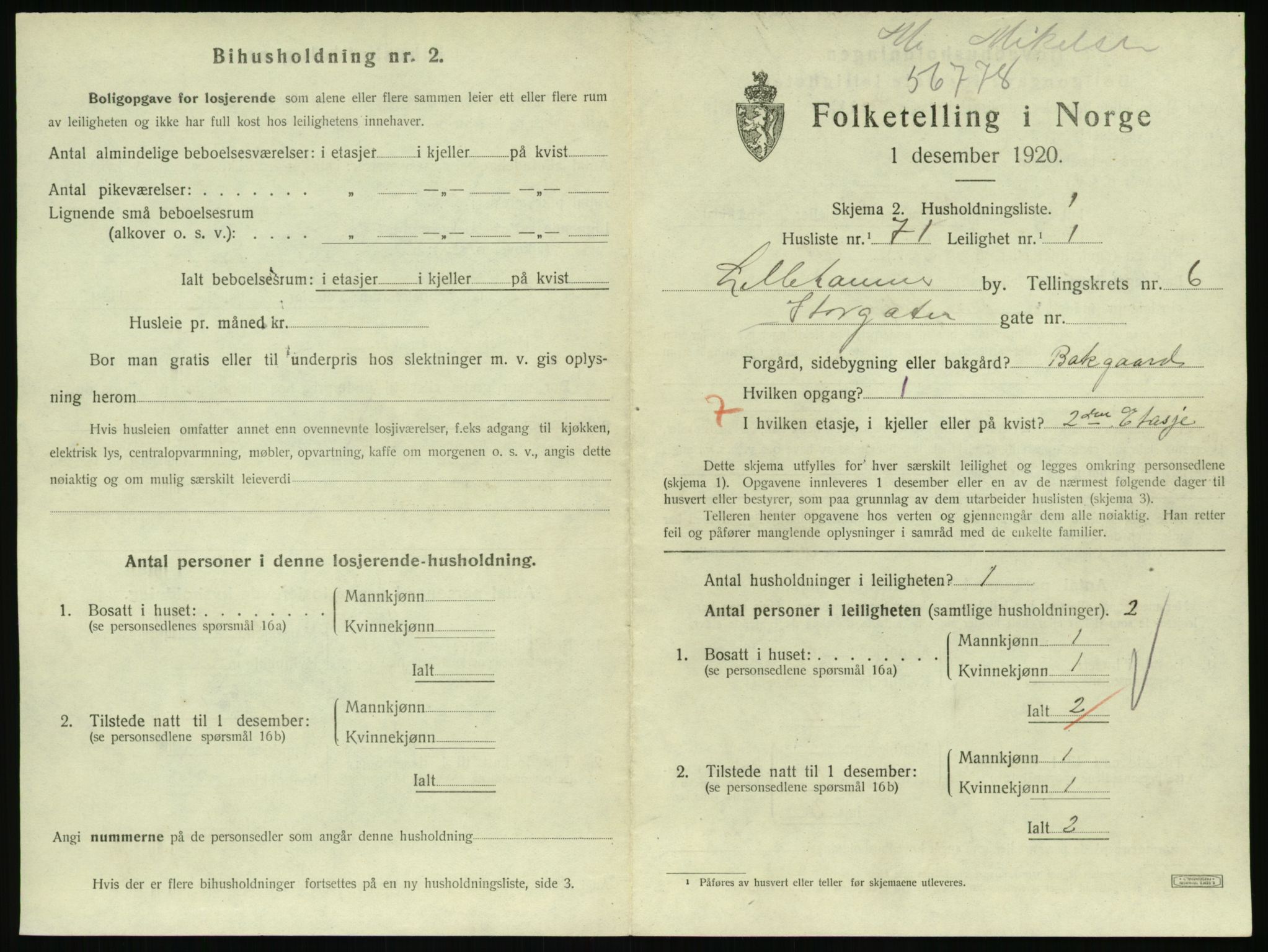 SAH, 1920 census for Lillehammer, 1920, p. 2572