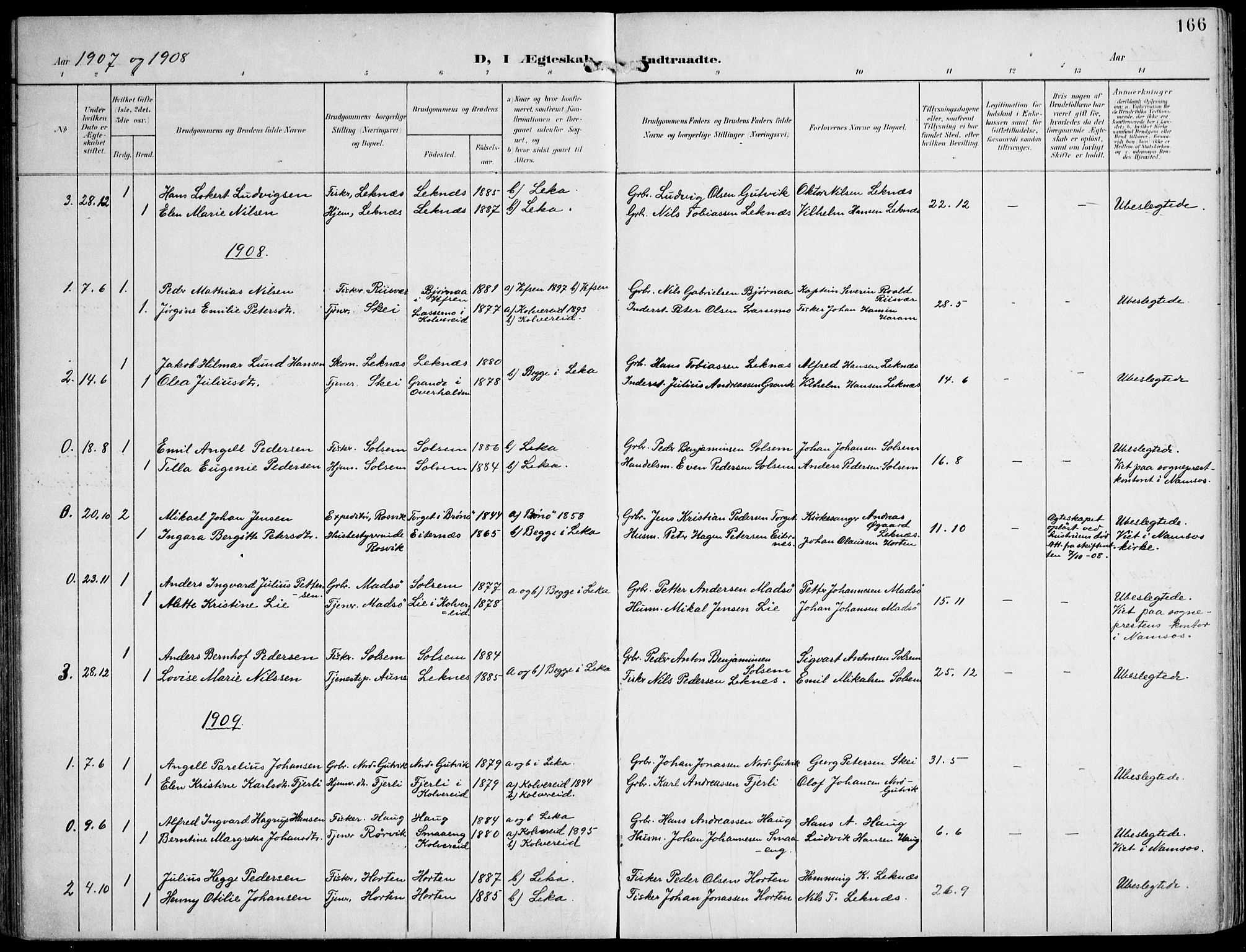 Ministerialprotokoller, klokkerbøker og fødselsregistre - Nord-Trøndelag, SAT/A-1458/788/L0698: Parish register (official) no. 788A05, 1902-1921, p. 166