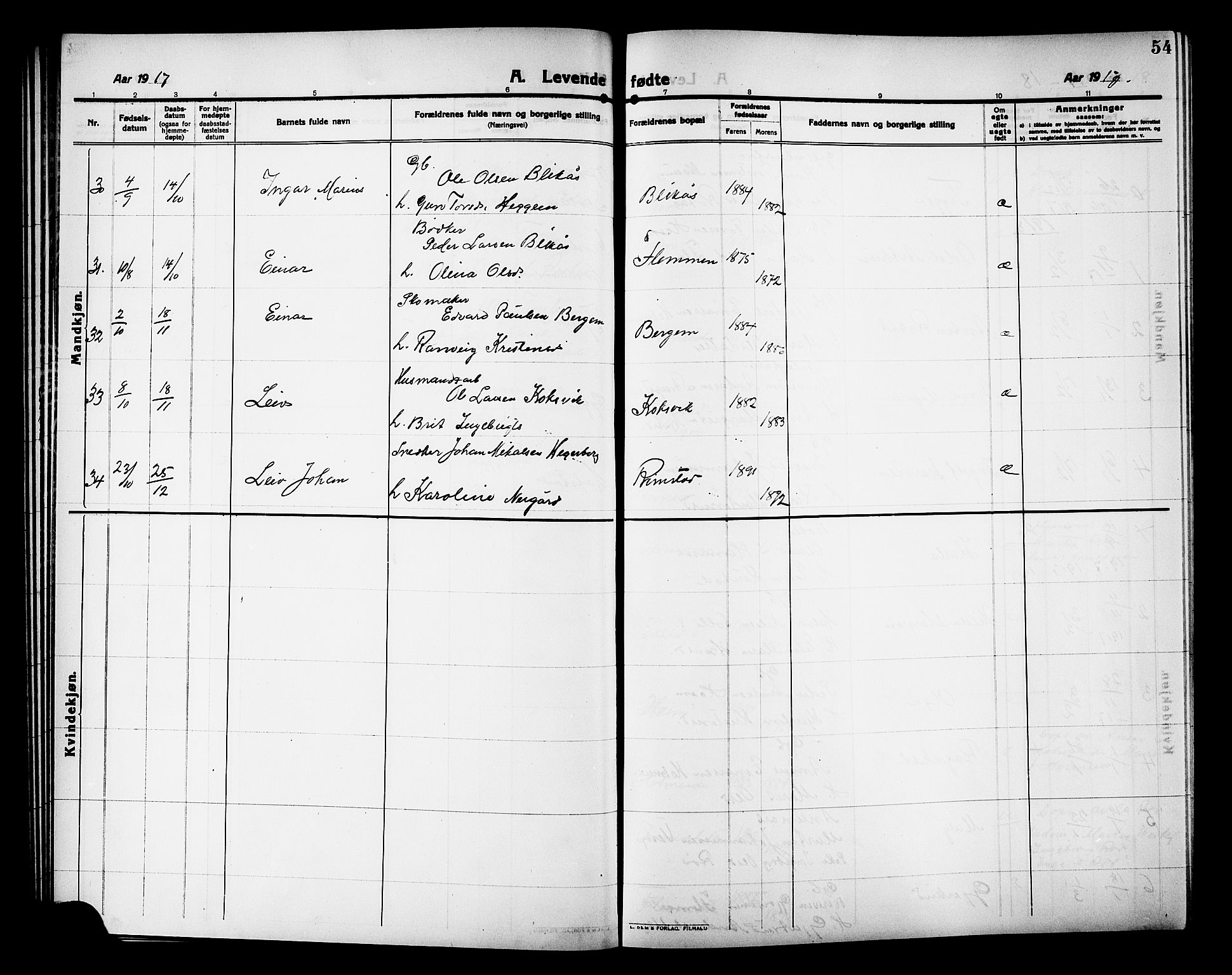 Ministerialprotokoller, klokkerbøker og fødselsregistre - Møre og Romsdal, AV/SAT-A-1454/586/L0993: Parish register (copy) no. 586C04, 1910-1918, p. 54