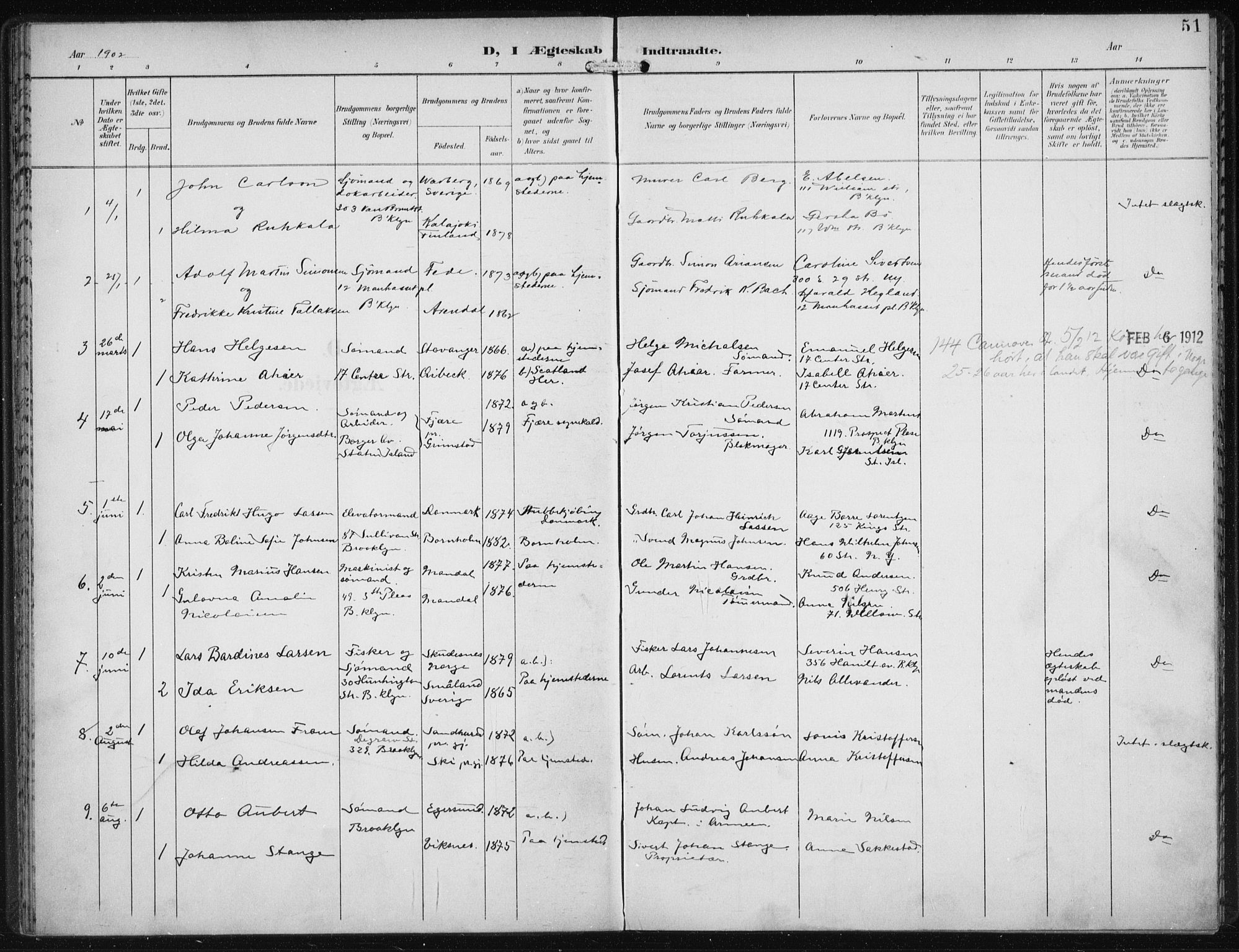 Den norske sjømannsmisjon i utlandet/New York, SAB/SAB/PA-0110/H/Ha/L0005: Parish register (official) no. A 5, 1902-1908, p. 51