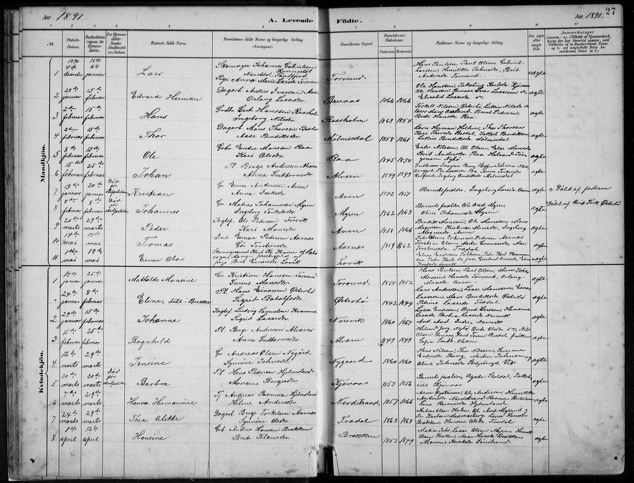 Lavik sokneprestembete, SAB/A-80901: Parish register (copy) no. A 2, 1882-1910, p. 27