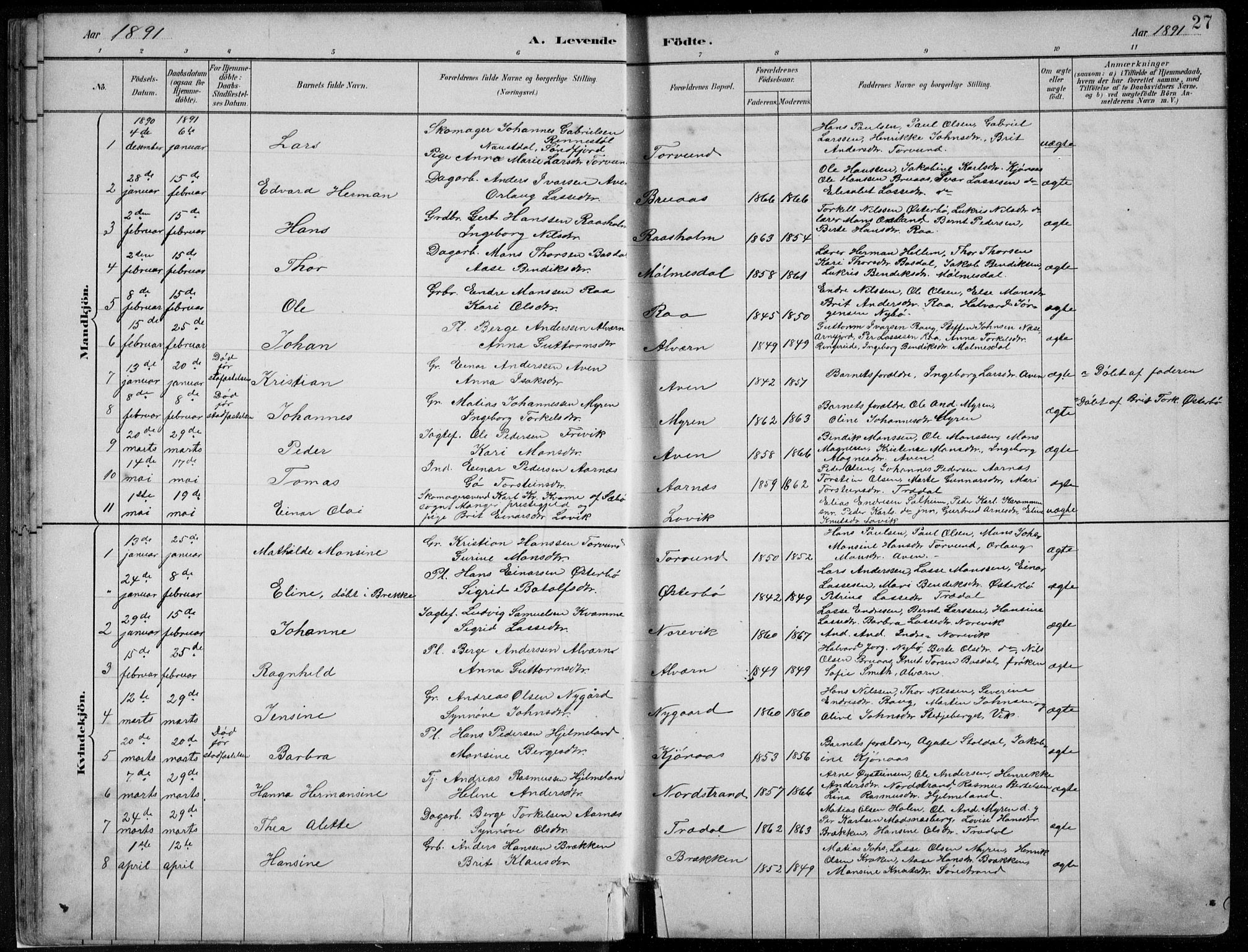 Lavik sokneprestembete, AV/SAB-A-80901: Parish register (copy) no. A 2, 1882-1910, p. 27