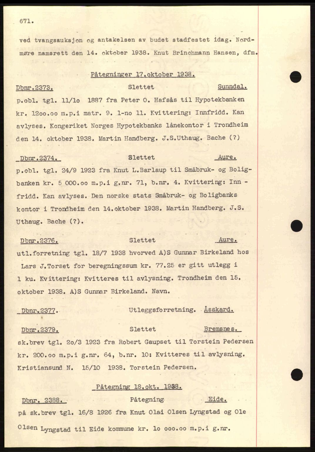 Nordmøre sorenskriveri, AV/SAT-A-4132/1/2/2Ca: Mortgage book no. C80, 1936-1939, Diary no: : 2373/1938