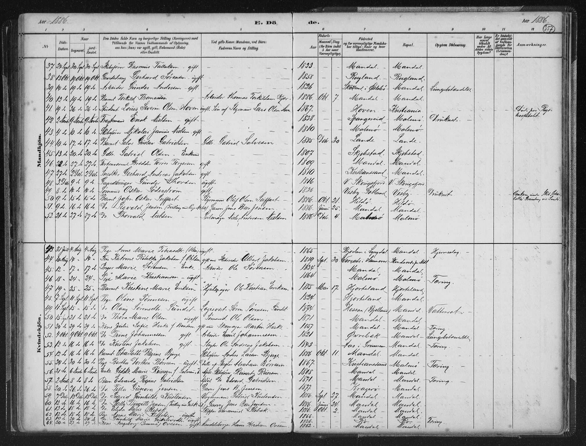 Mandal sokneprestkontor, AV/SAK-1111-0030/F/Fb/Fba/L0011: Parish register (copy) no. B 5, 1880-1898, p. 357