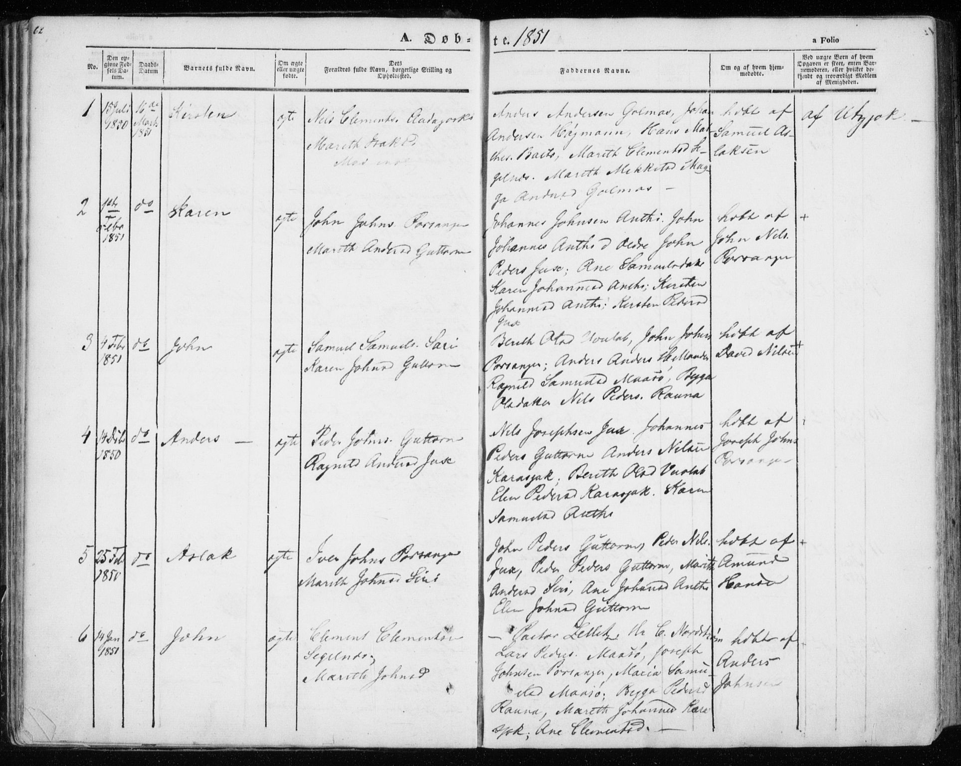 Kistrand/Porsanger sokneprestembete, AV/SATØ-S-1351/H/Ha/L0012.kirke: Parish register (official) no. 12, 1843-1871, p. 62-63