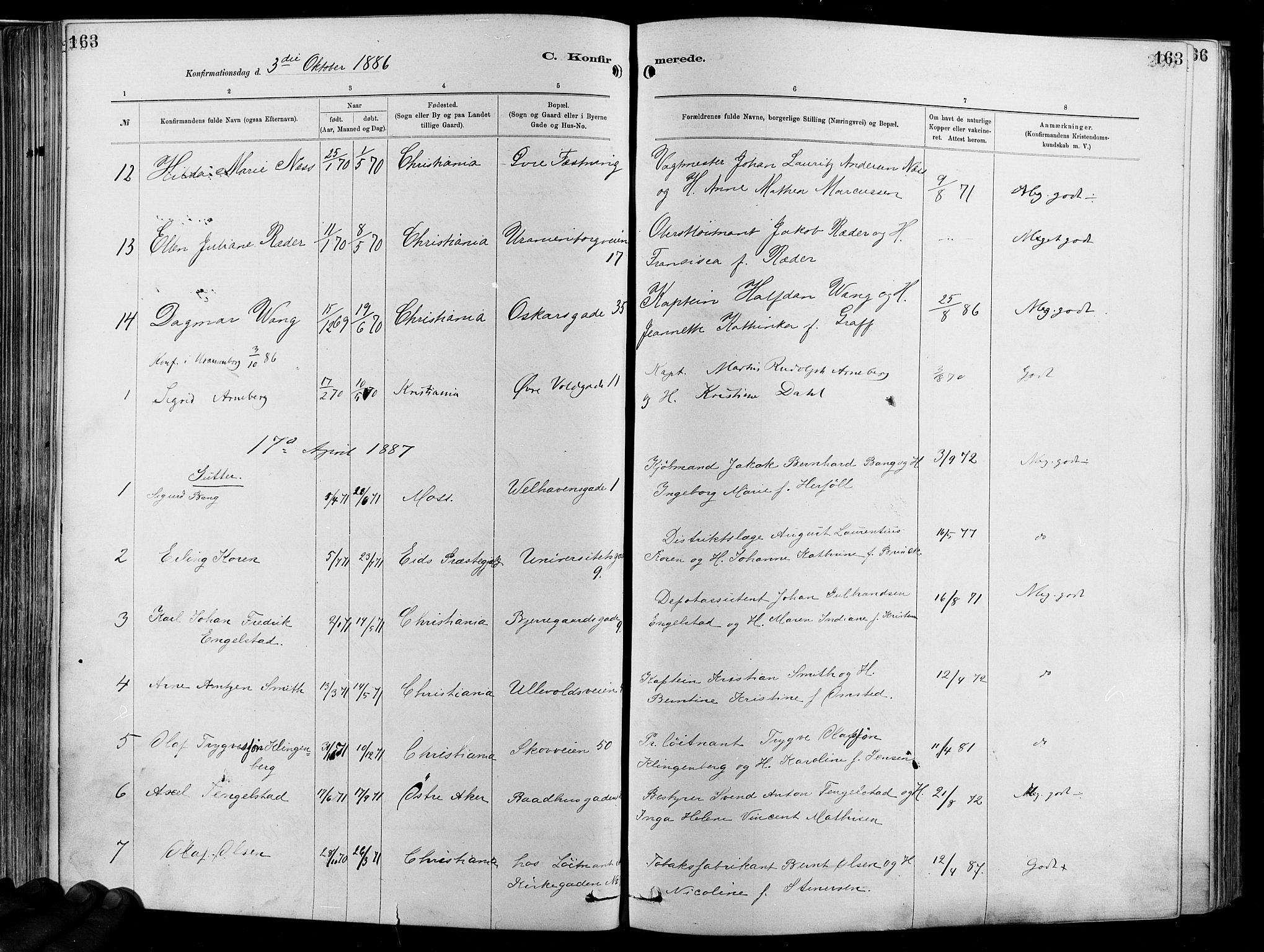 Garnisonsmenigheten Kirkebøker, SAO/A-10846/F/Fa/L0012: Parish register (official) no. 12, 1880-1893, p. 163