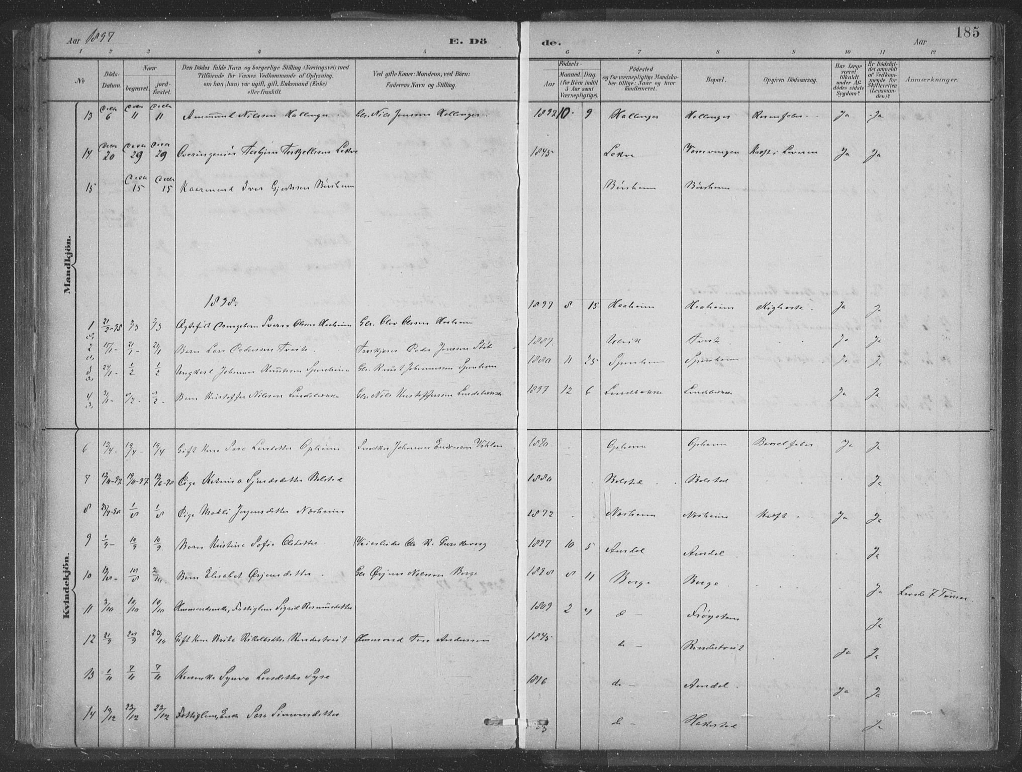Ulvik sokneprestembete, SAB/A-78801/H/Hab: Parish register (copy) no. A 3, 1883-1908, p. 185