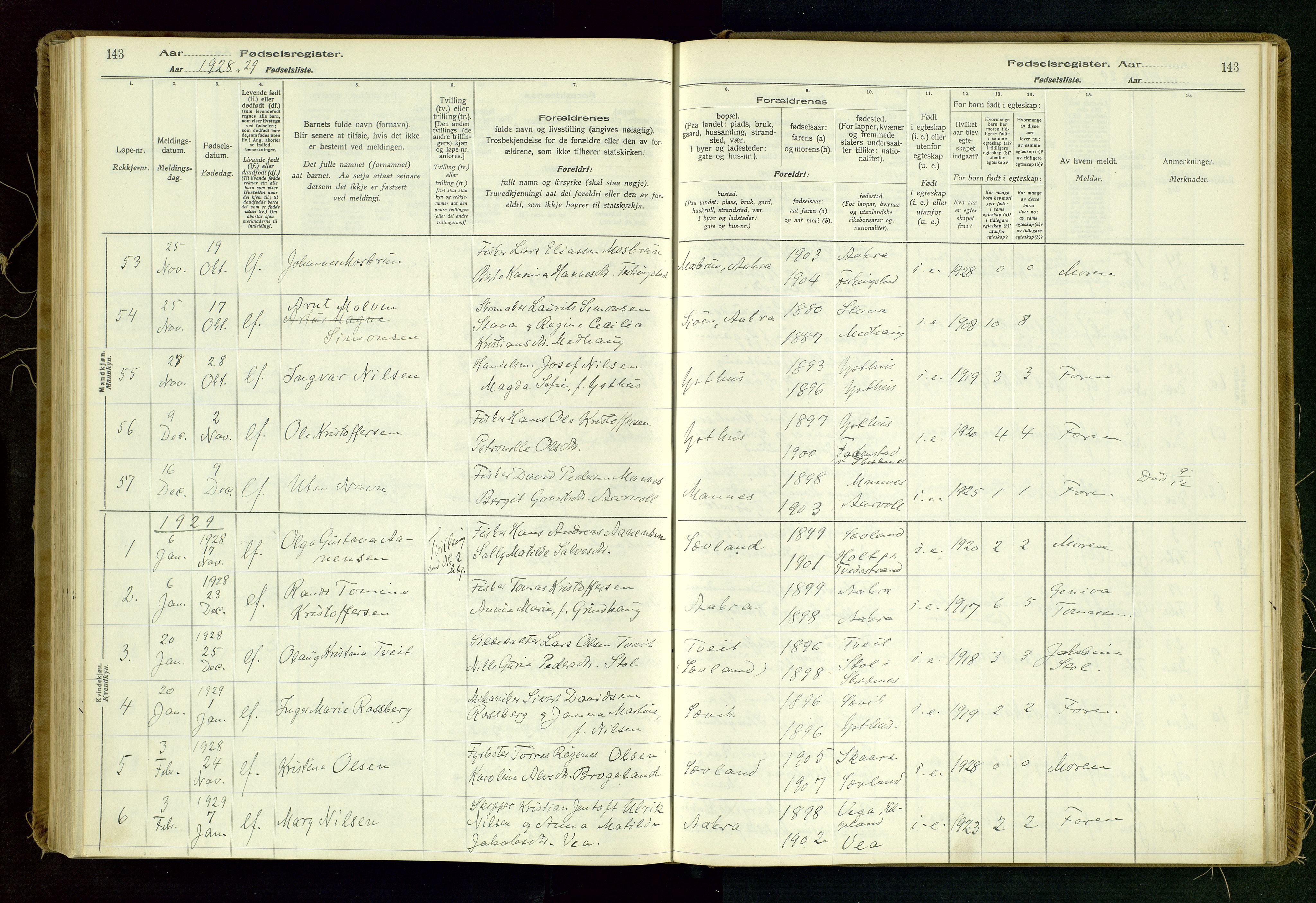 Kopervik sokneprestkontor, SAST/A-101850/I/Id/L0006: Birth register no. 6, 1916-1934, p. 143