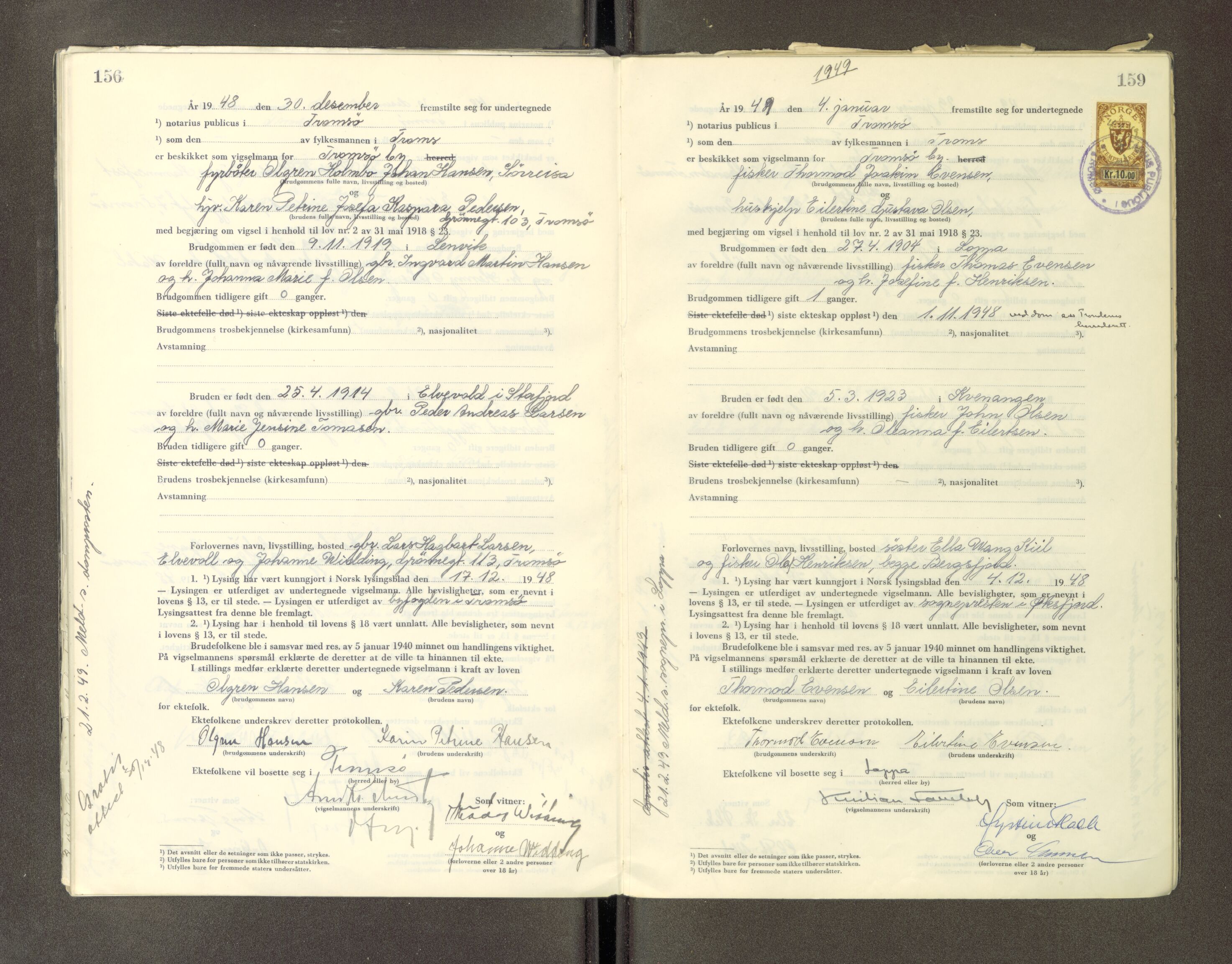 Tromsø byfogd/byrett, AV/SATØ-SATØ-0063/1/Ob/Obc/L0987: Vigselsbok, 1945-1949, p. 156-159