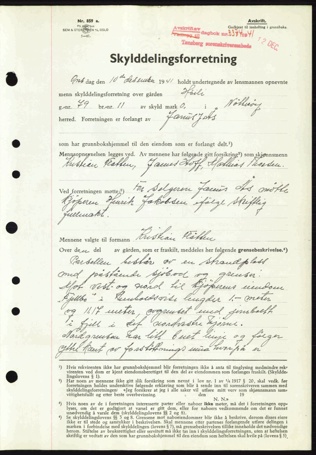 Tønsberg sorenskriveri, AV/SAKO-A-130/G/Ga/Gaa/L0011: Mortgage book no. A11, 1941-1942, Diary no: : 3374/1941