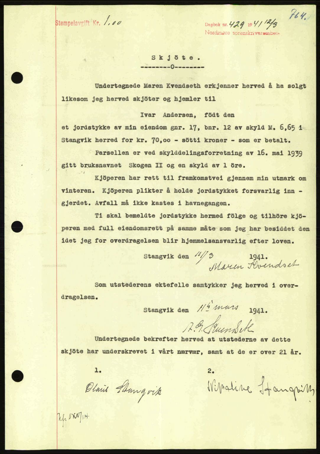 Nordmøre sorenskriveri, SAT/A-4132/1/2/2Ca: Mortgage book no. A89, 1940-1941, Diary no: : 429/1941