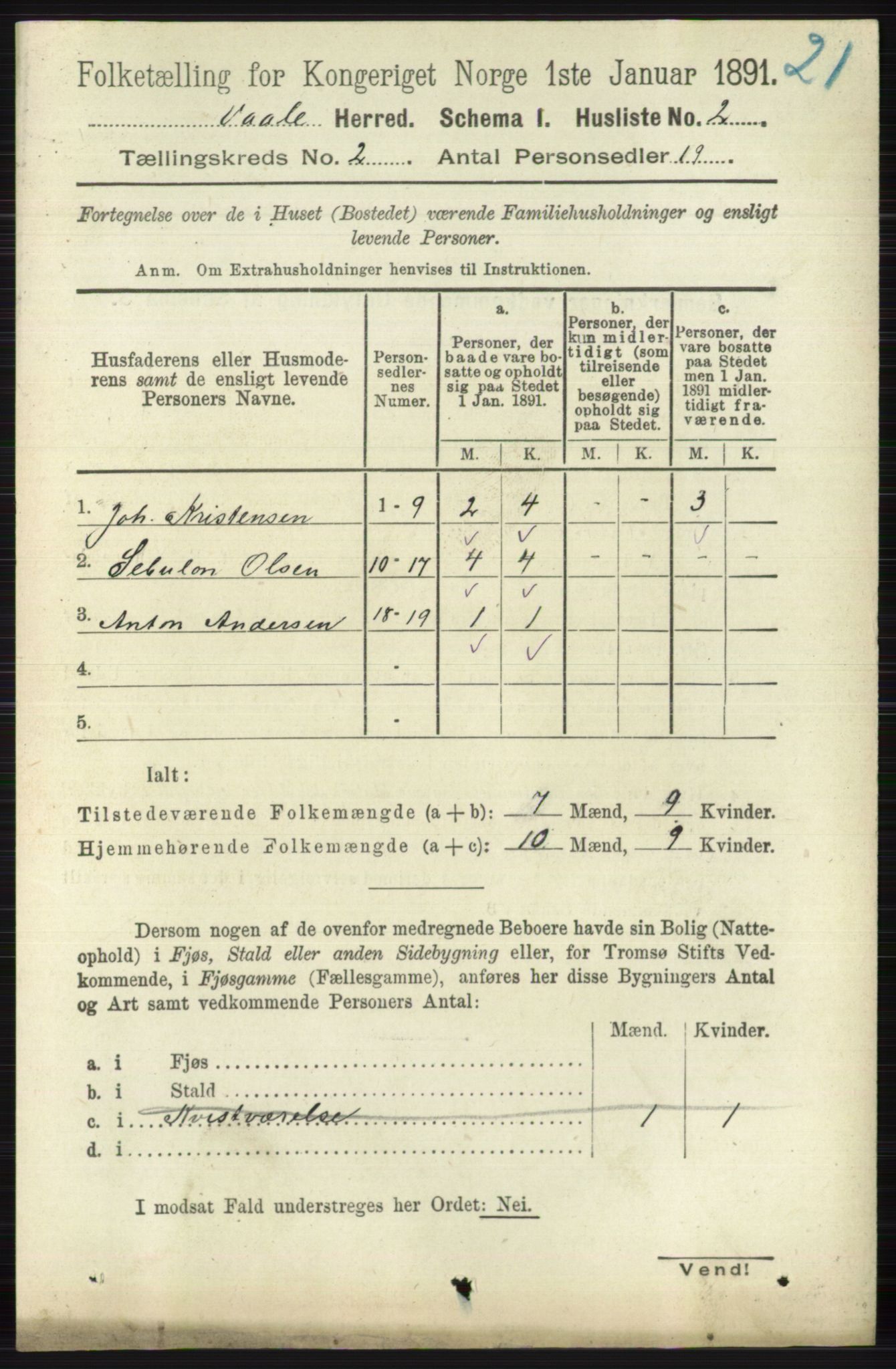 RA, 1891 census for 0716 Våle, 1891, p. 425