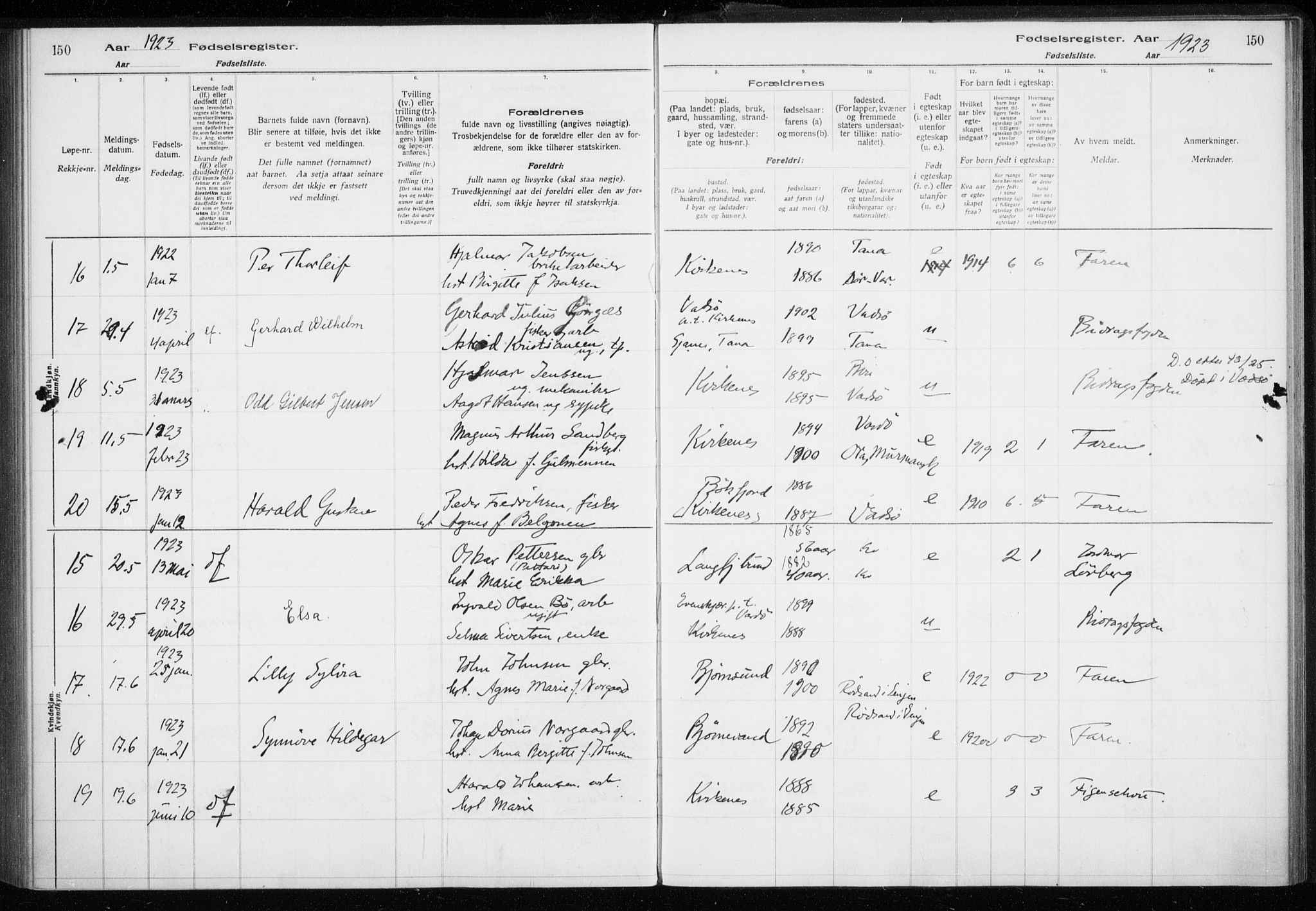 Sør-Varanger sokneprestkontor, AV/SATØ-S-1331/I/Ia/L0016: Birth register no. 16, 1915-1925, p. 150