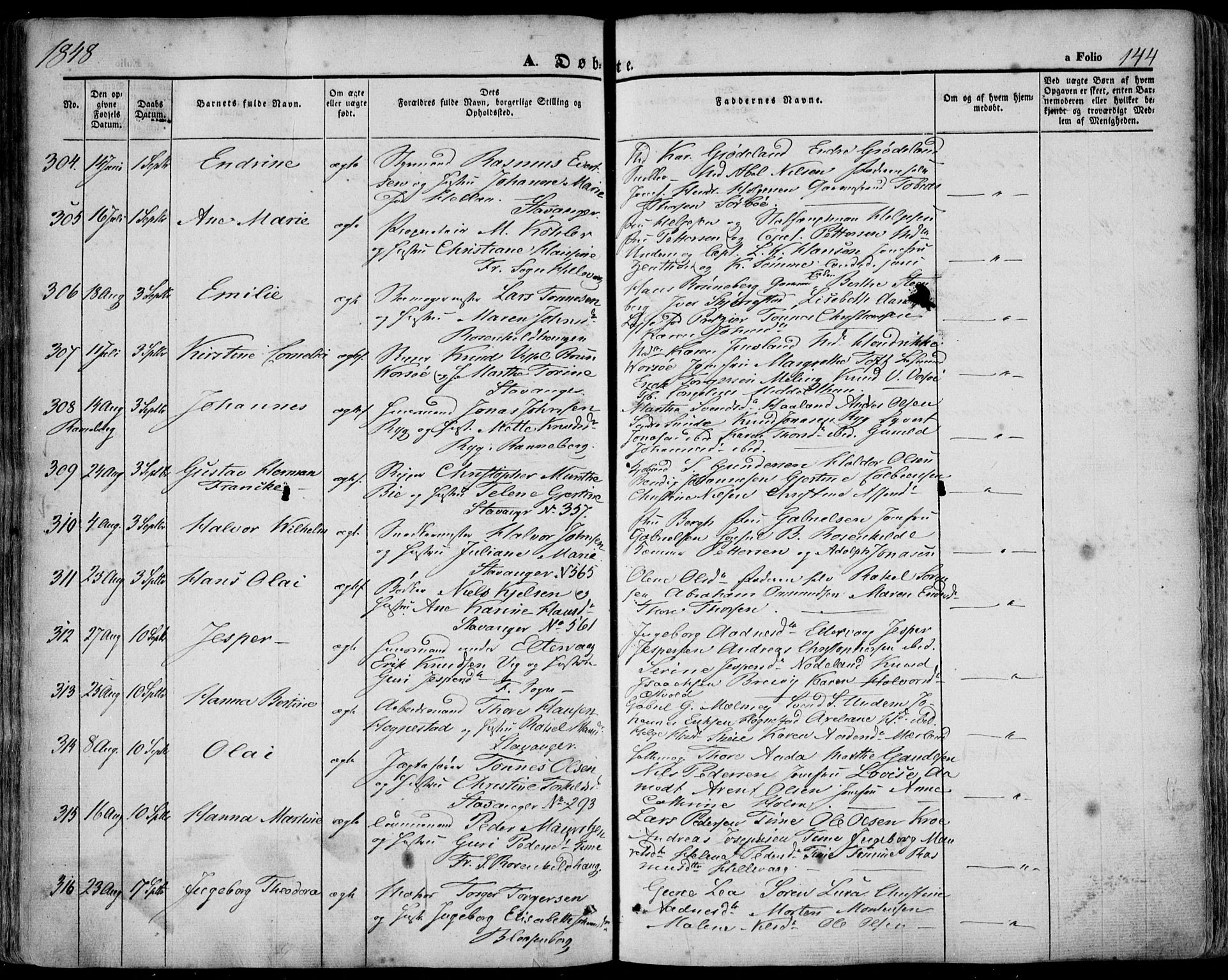 Domkirken sokneprestkontor, AV/SAST-A-101812/001/30/30BA/L0016: Parish register (official) no. A 15, 1844-1854, p. 144