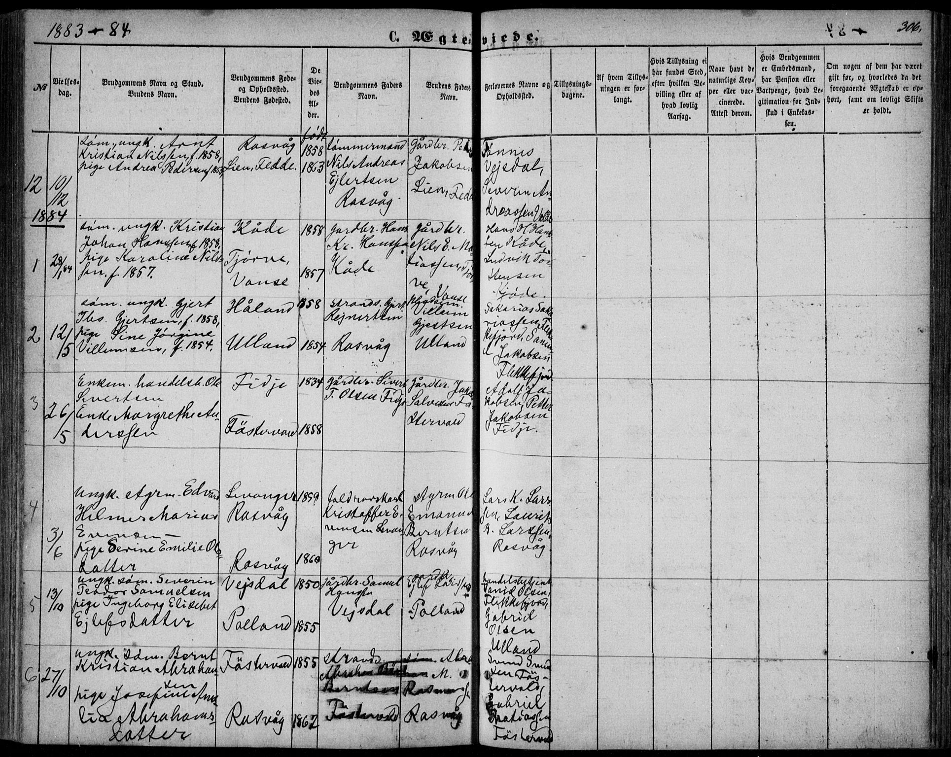 Flekkefjord sokneprestkontor, AV/SAK-1111-0012/F/Fb/Fbb/L0003: Parish register (copy) no. B 3, 1867-1889, p. 306