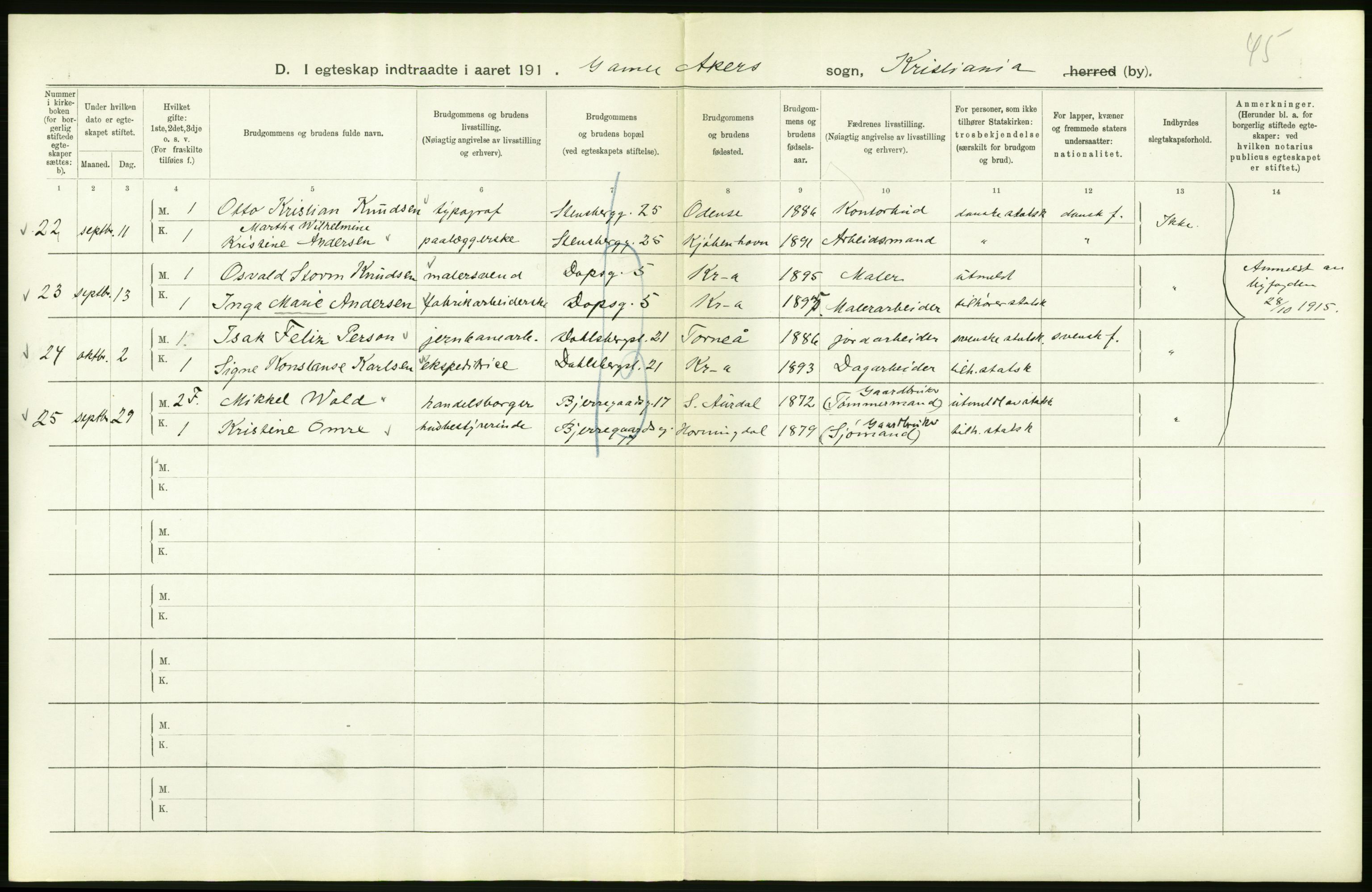 Statistisk sentralbyrå, Sosiodemografiske emner, Befolkning, RA/S-2228/D/Df/Dfb/Dfbe/L0008: Kristiania: Gifte., 1915, p. 346