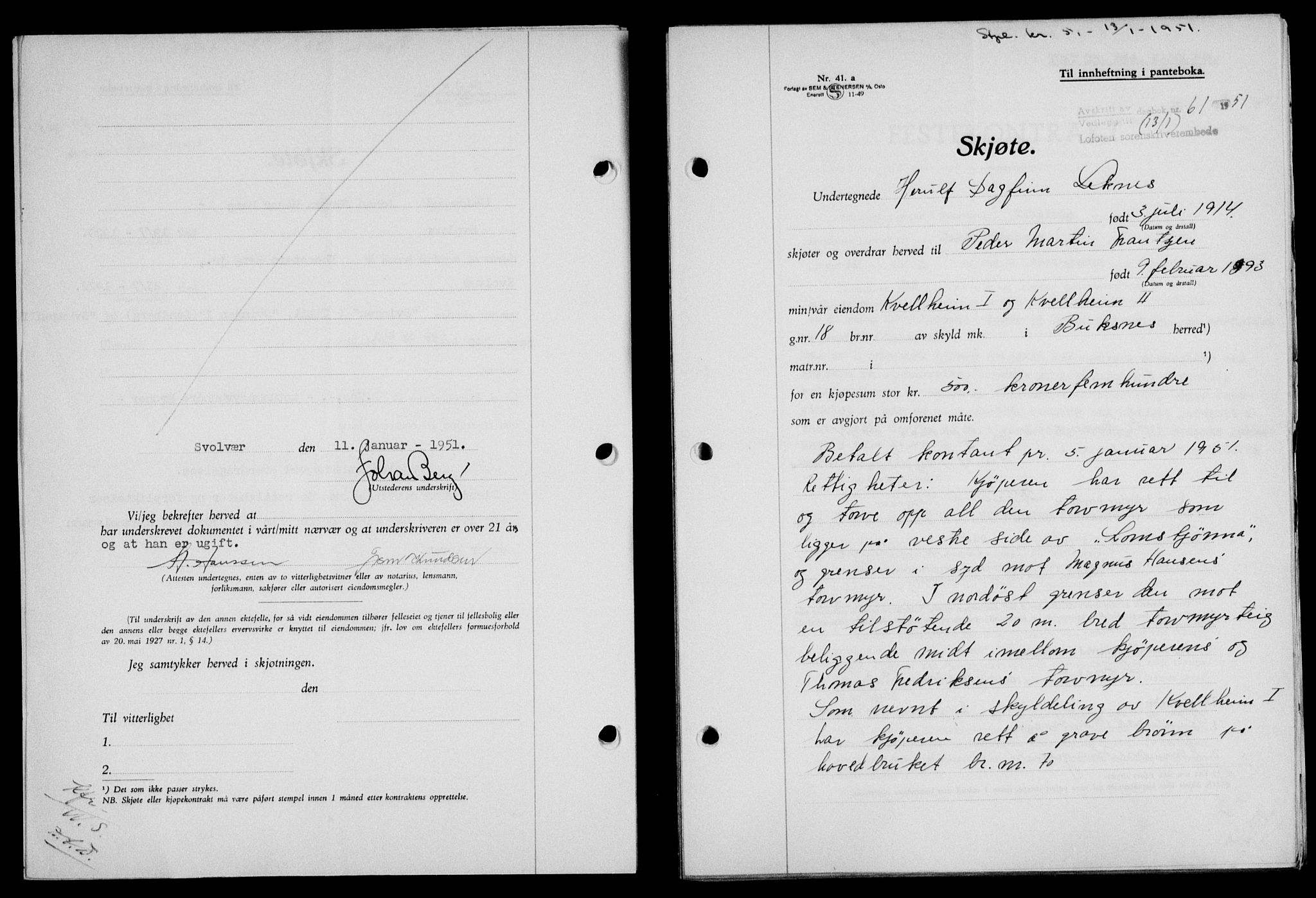 Lofoten sorenskriveri, SAT/A-0017/1/2/2C/L0025a: Mortgage book no. 25a, 1950-1951, Diary no: : 61/1951