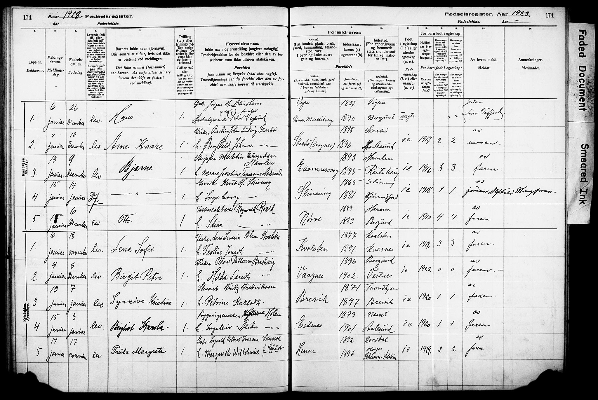 Ministerialprotokoller, klokkerbøker og fødselsregistre - Møre og Romsdal, SAT/A-1454/528/L0442: Birth register no. 528.II.4.1, 1916-1924, p. 174