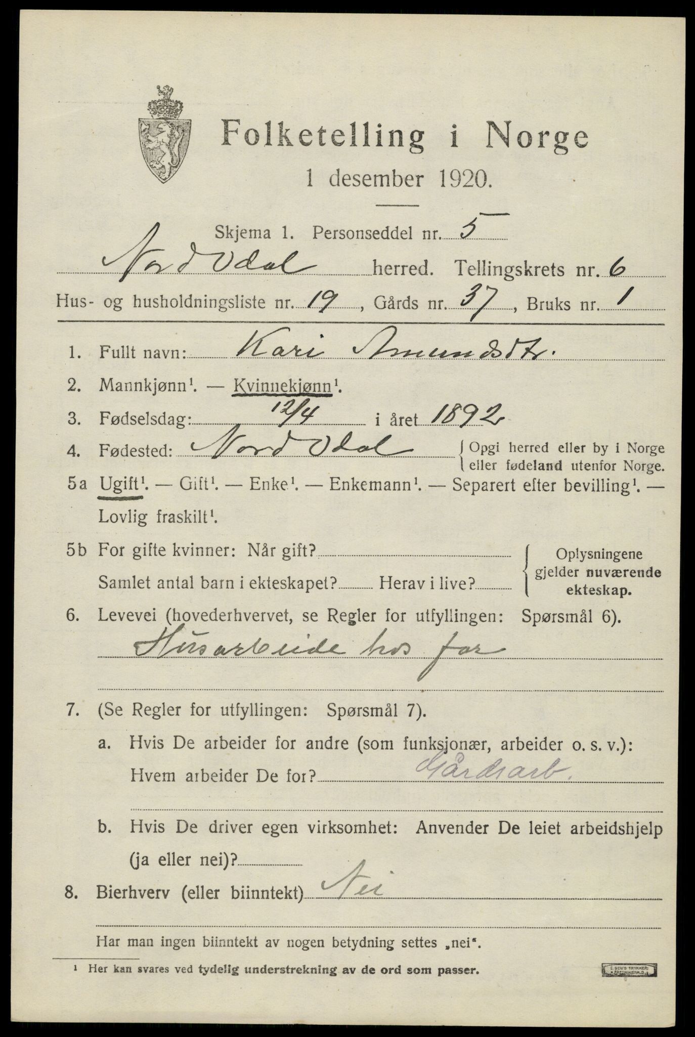 SAH, 1920 census for Nord-Odal, 1920, p. 6829