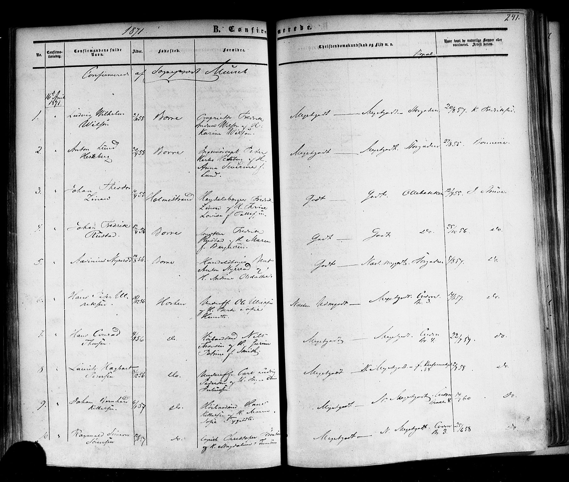 Horten kirkebøker, AV/SAKO-A-348/F/Fa/L0001: Parish register (official) no. 1, 1855-1871, p. 241