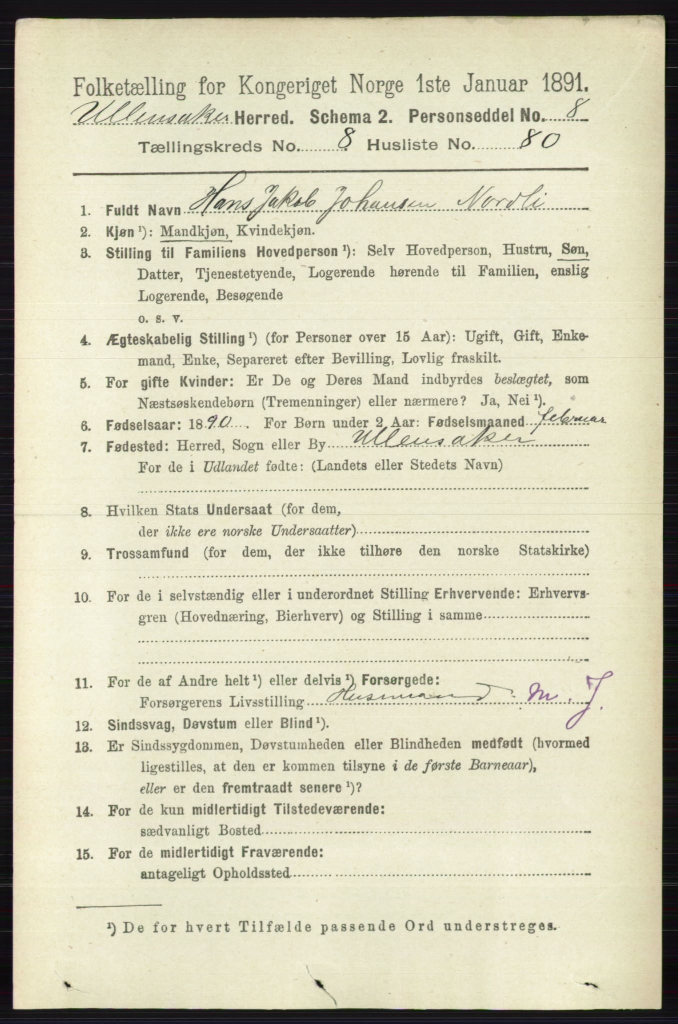 RA, 1891 census for 0235 Ullensaker, 1891, p. 3956