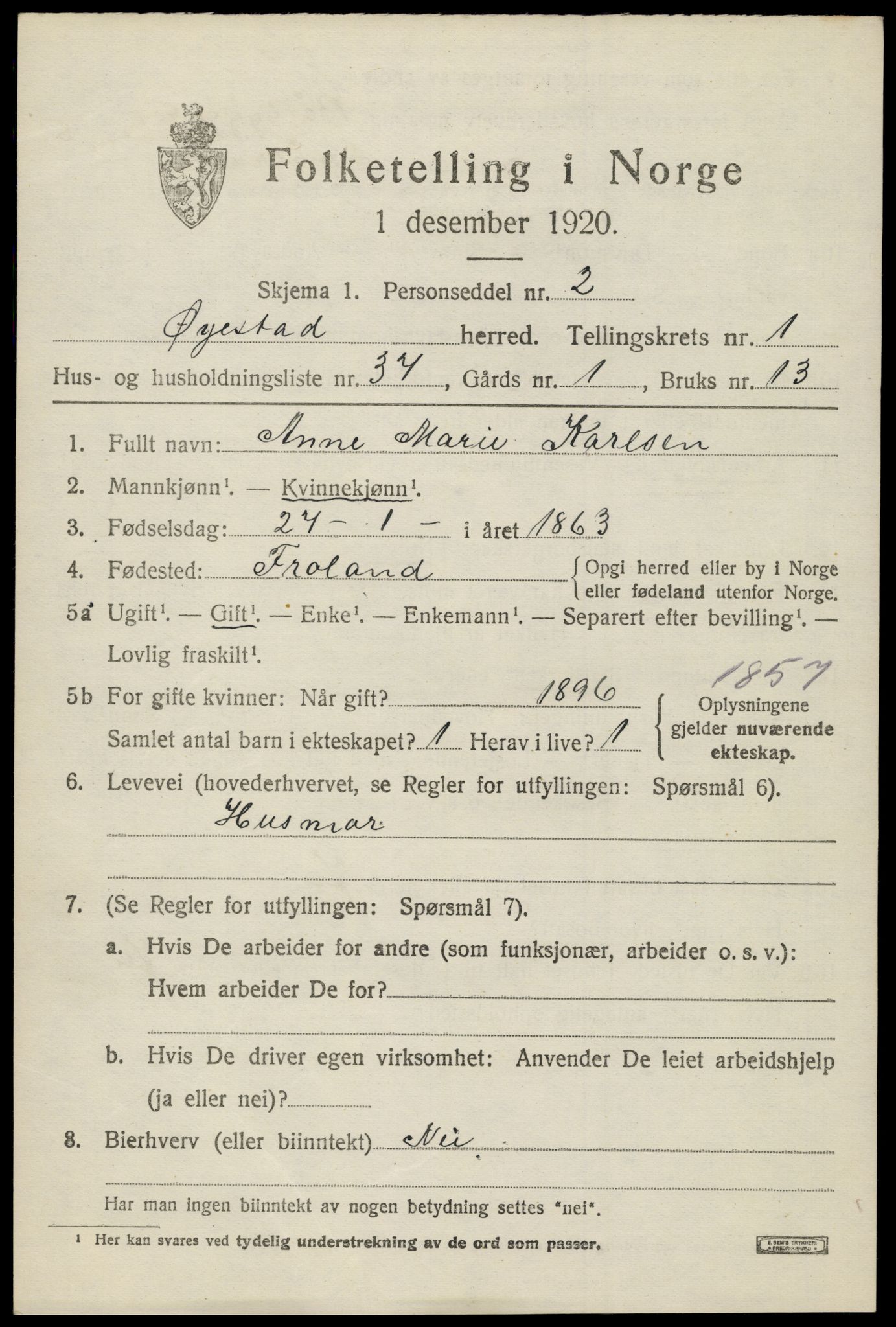 SAK, 1920 census for Øyestad, 1920, p. 2228