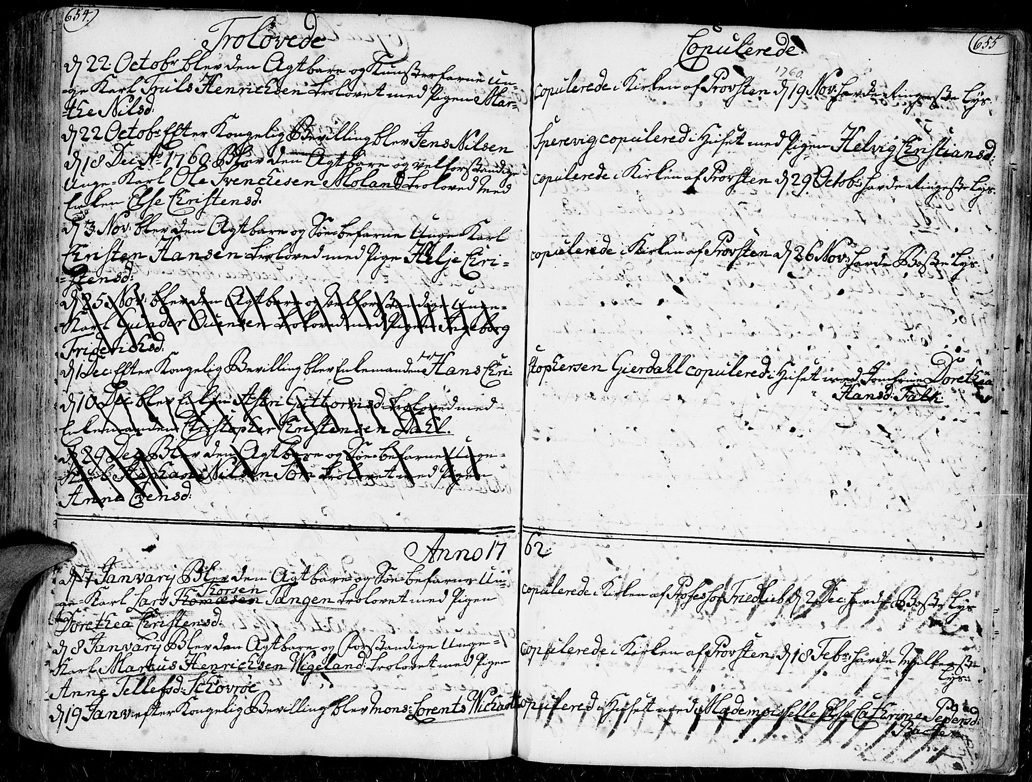 Kristiansand domprosti, SAK/1112-0006/F/Fa/L0001: Parish register (official) no. A 1, 1734-1793, p. 654-655