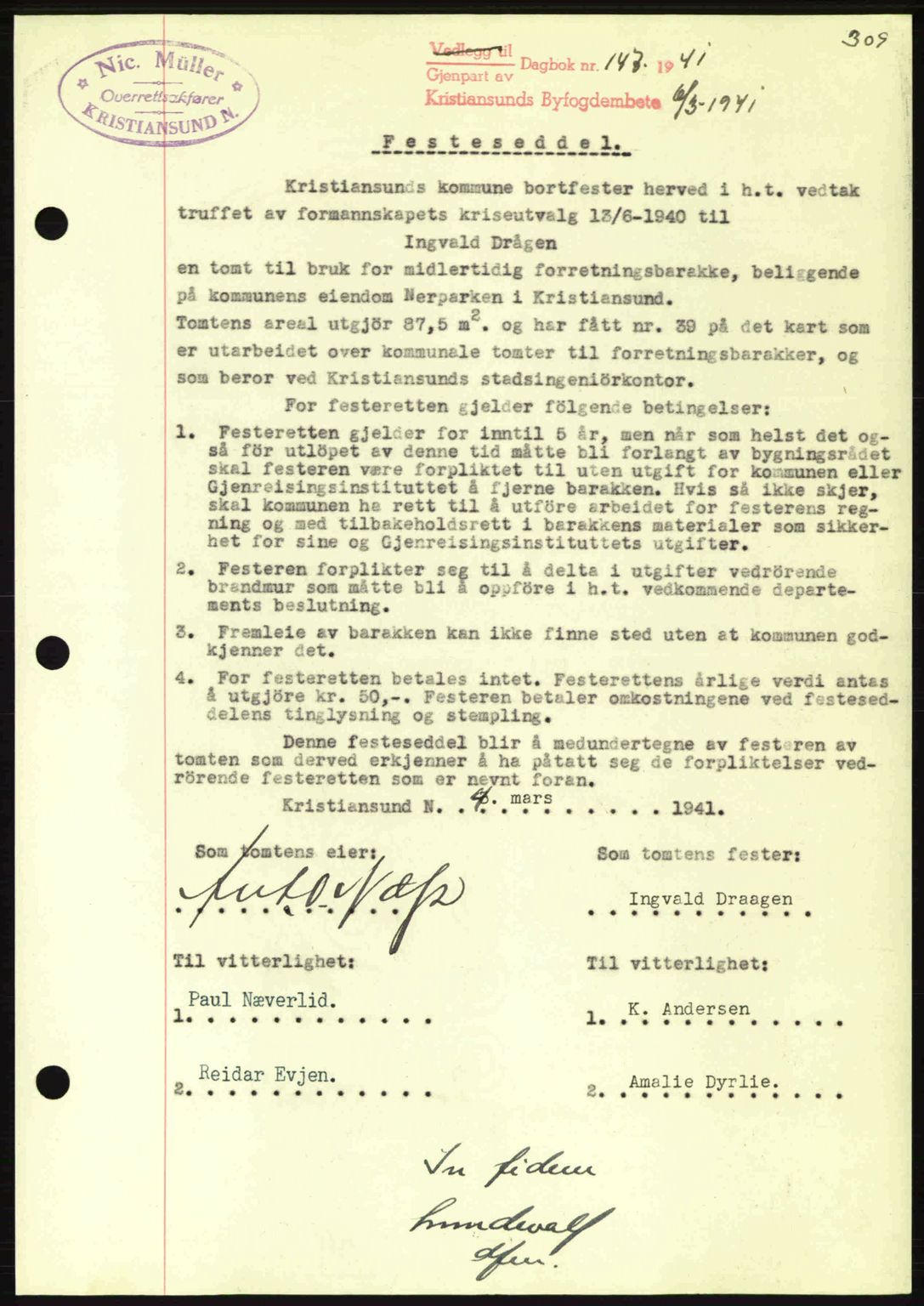 Kristiansund byfogd, AV/SAT-A-4587/A/27: Mortgage book no. 33, 1939-1941, Diary no: : 147/1941