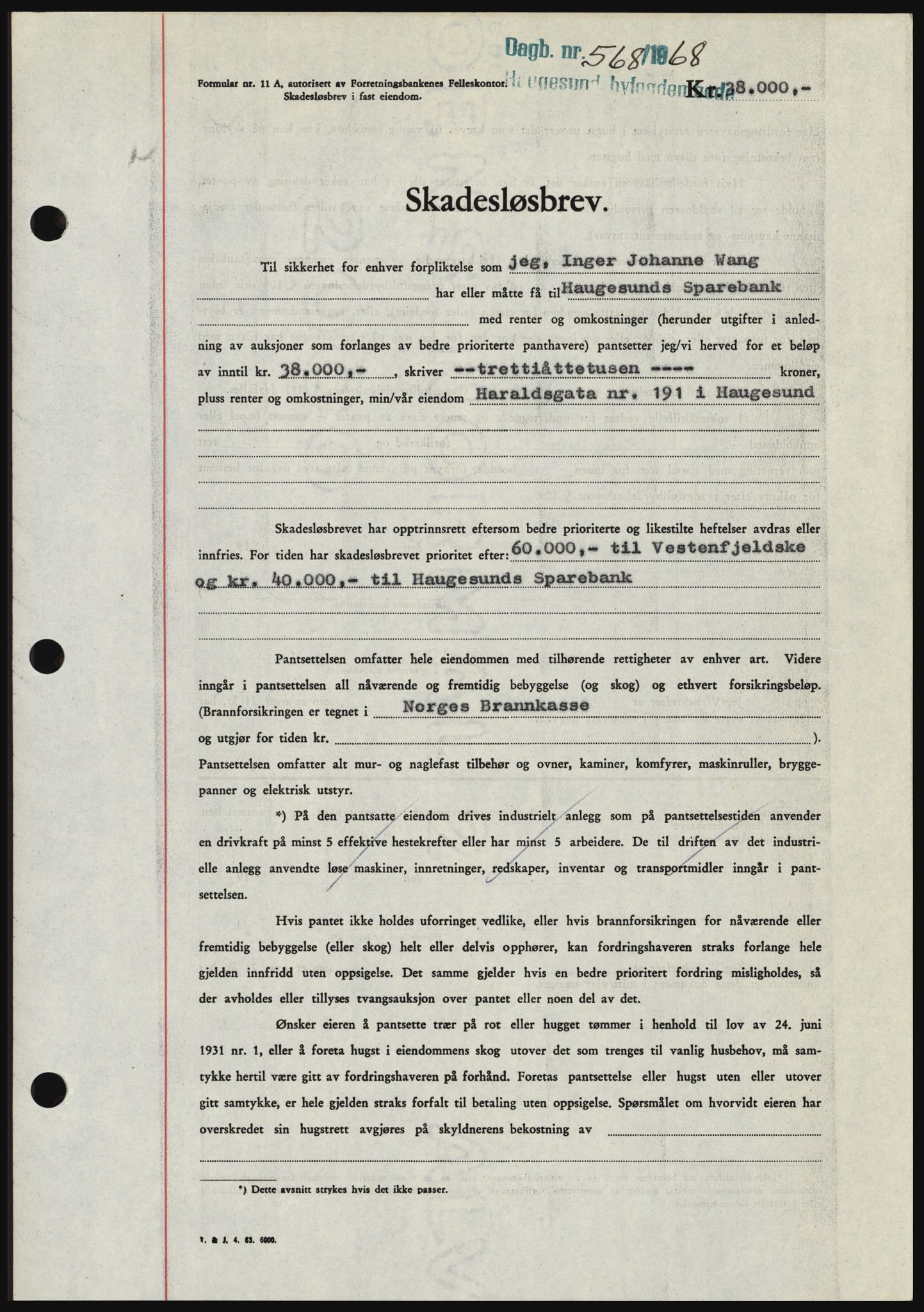 Haugesund tingrett, SAST/A-101415/01/II/IIC/L0058: Mortgage book no. B 58, 1967-1968, Diary no: : 568/1968