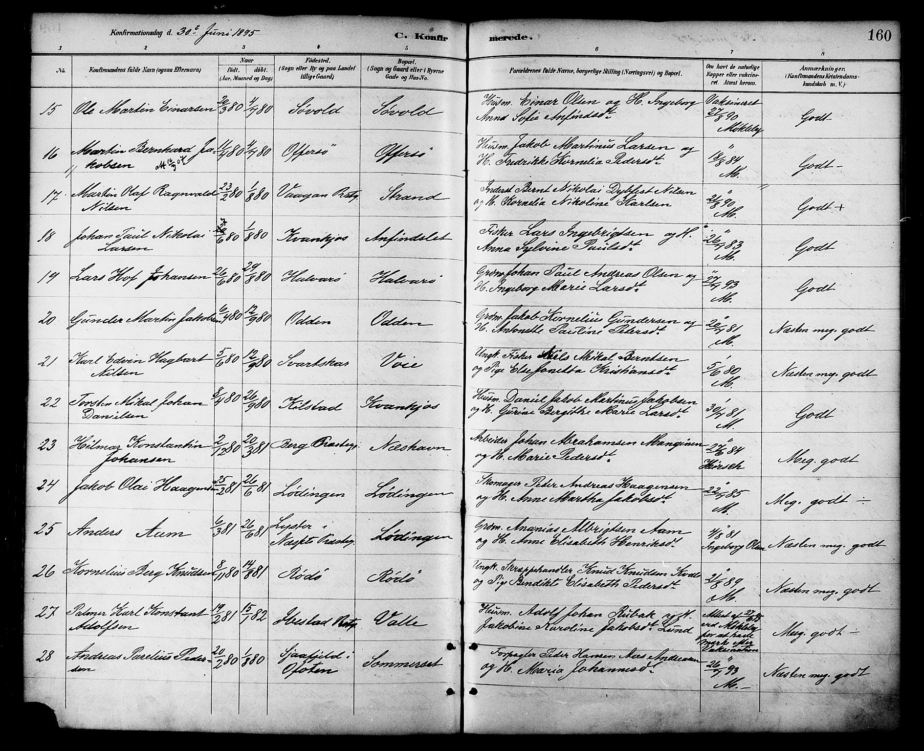 Ministerialprotokoller, klokkerbøker og fødselsregistre - Nordland, AV/SAT-A-1459/872/L1035: Parish register (official) no. 872A10, 1884-1896, p. 160